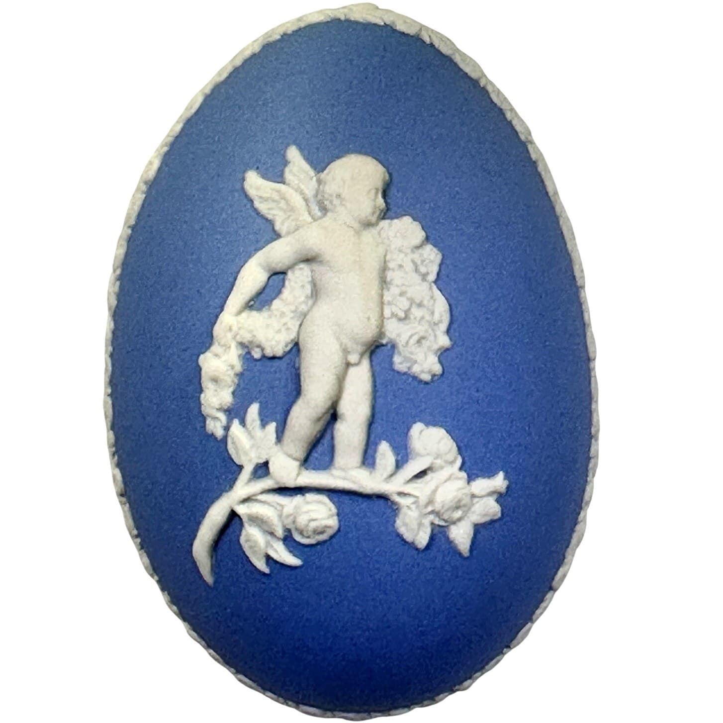 Wedgwood Blue Jasperware Vintage White Cupid Cherub Egg Shaped Trinket Box w/Lid