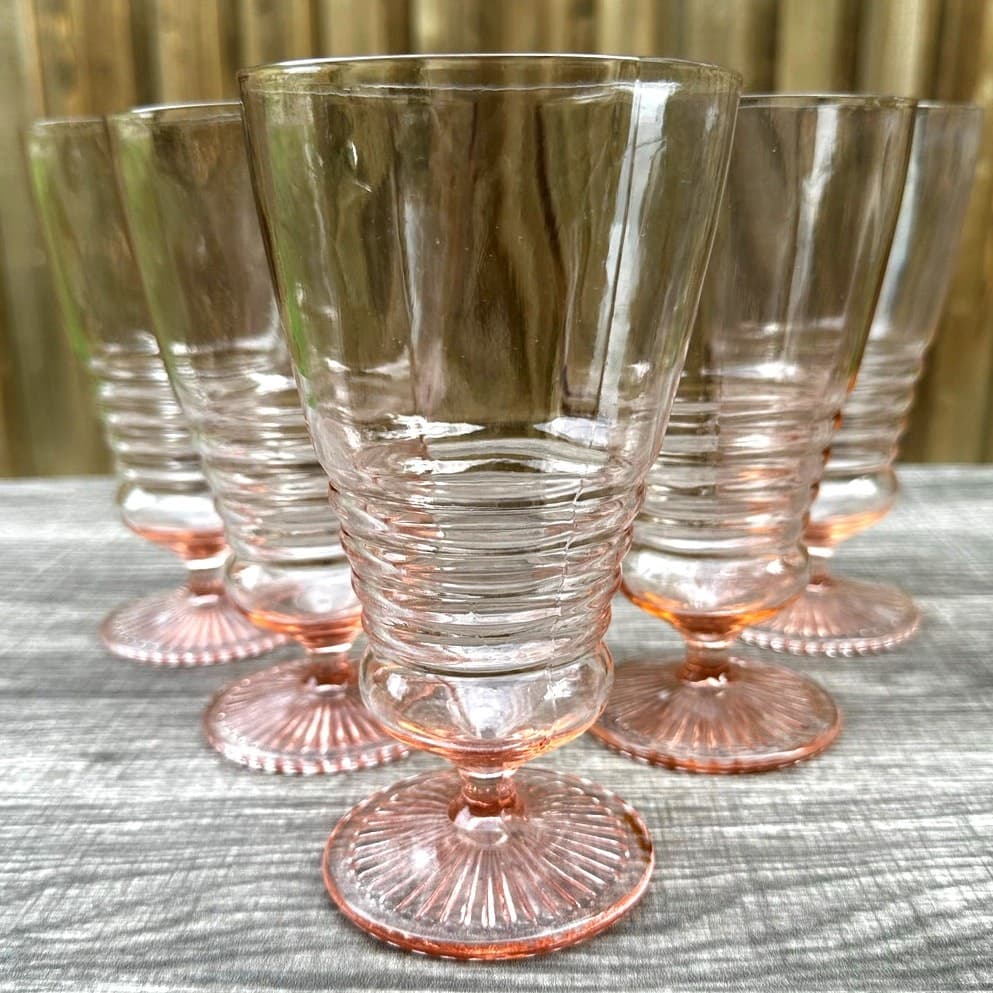 1930's-40's Vintage Pink Depression Glass Footed Soda Fountain Tumblers Set of 5 - Thumbnail 7