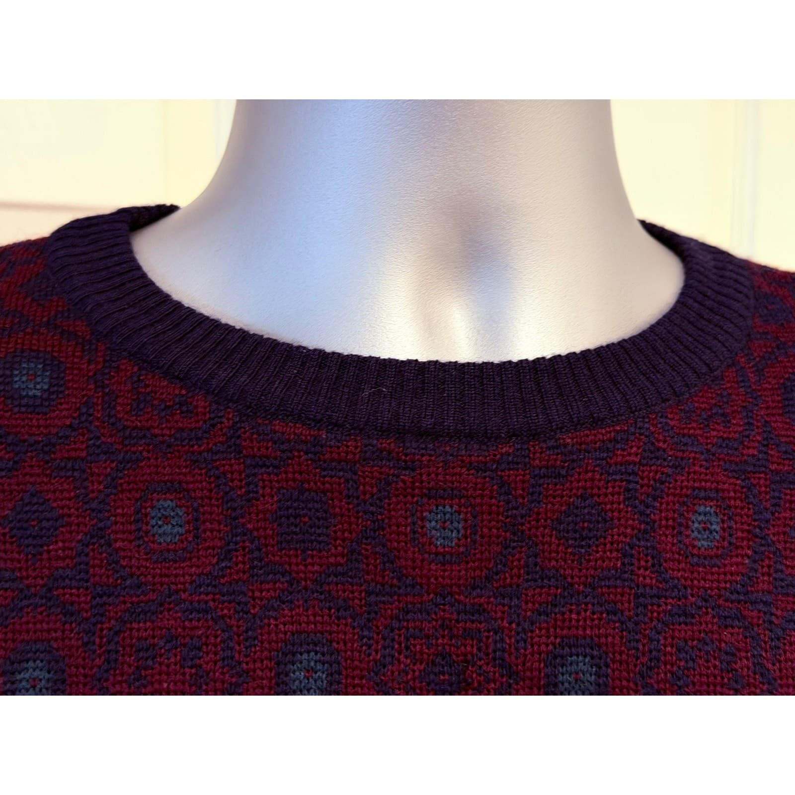 Vintage Neiman Marcus 100% Virgin Wool Sweater Mens XL Purple Geometric Uruguay - Thumbnail 3