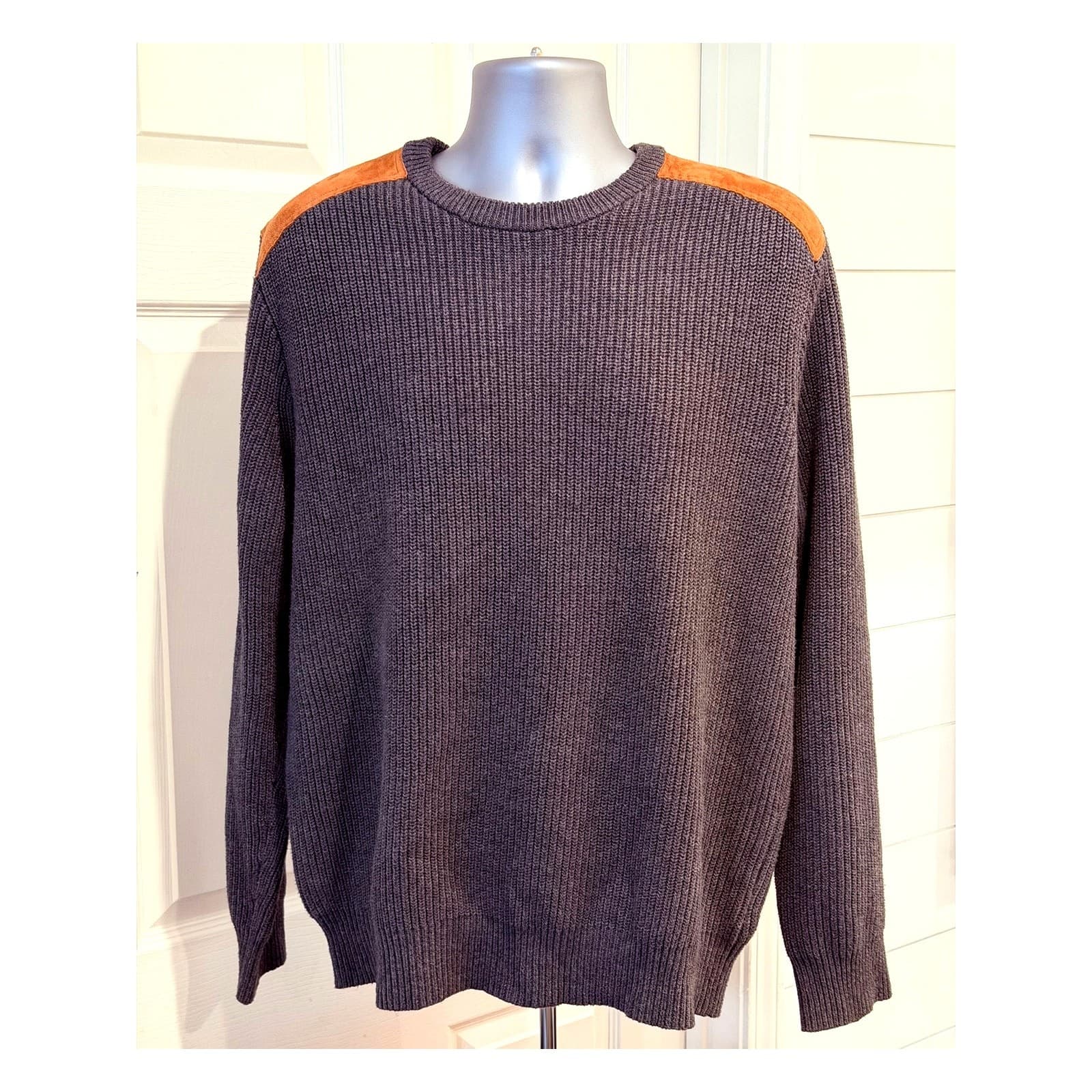 J.Crew Woodsman Sweater Mens XL Charcoal Cotton Suede Shoulder Patch Crewneck - Thumbnail 3