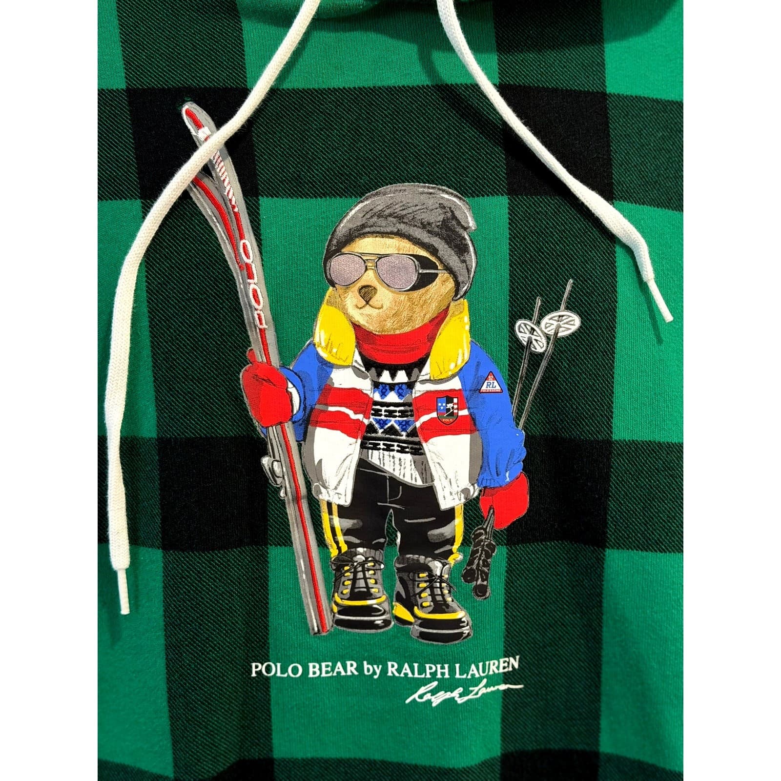 Polo Ralph Lauren Ski Bear Buffalo Plaid Hoodie Green Black Men's L Fleece - Thumbnail 2