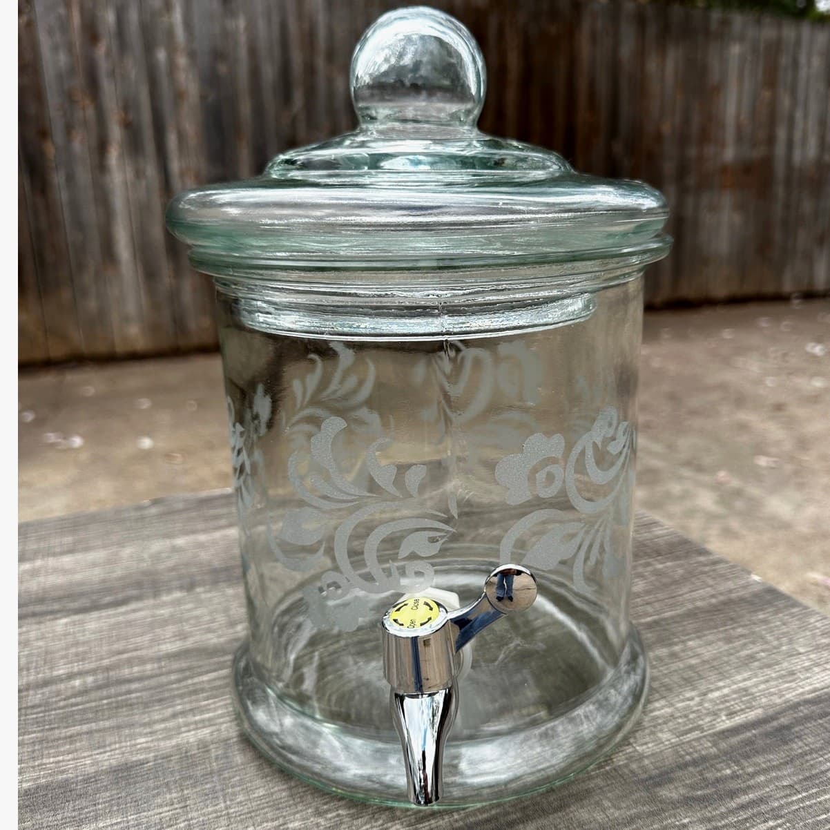 Large Heavy Glass Etched Floral Design Stacking 2-Part Beverage Dispenser - Thumbnail 2