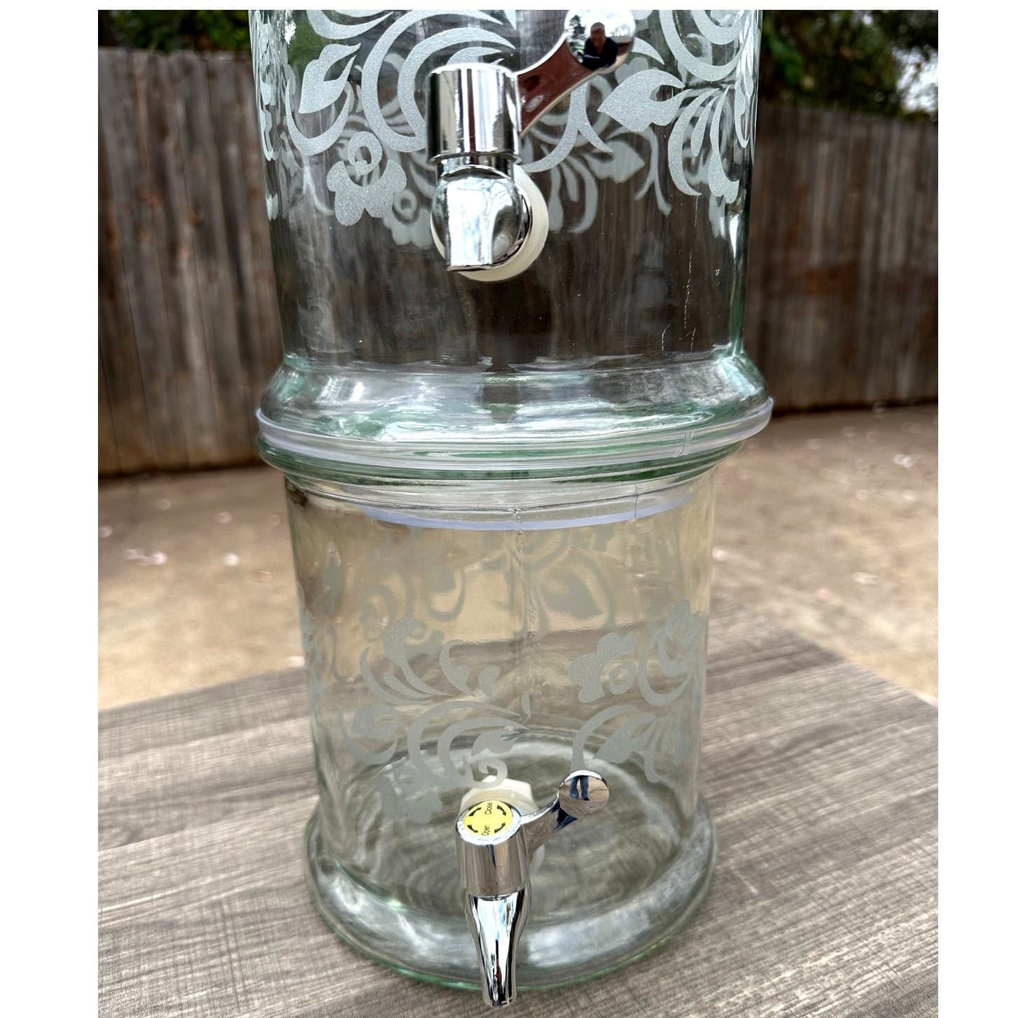 Large Heavy Glass Etched Floral Design Stacking 2-Part Beverage Dispenser - Thumbnail 4
