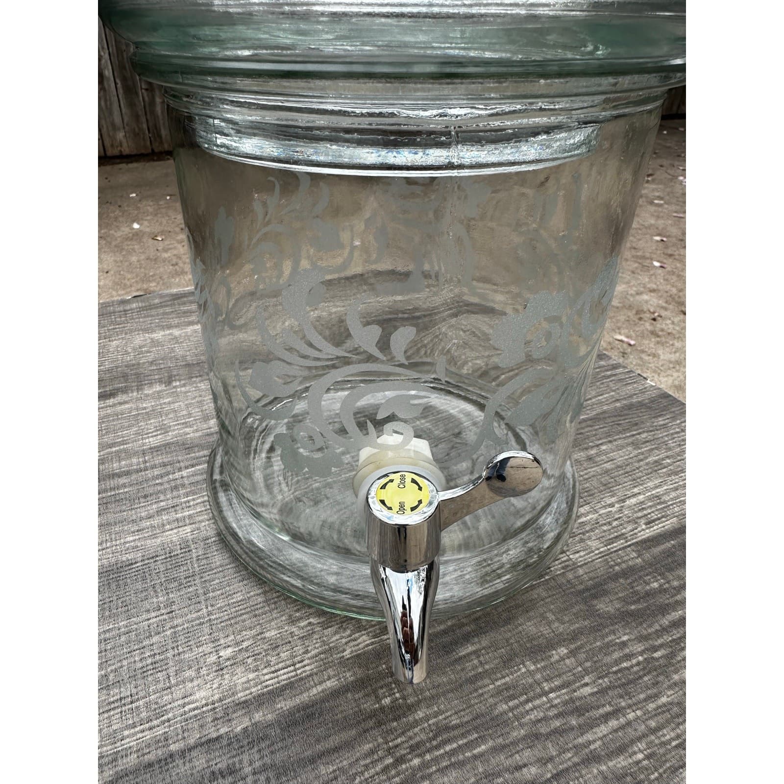 Large Heavy Glass Etched Floral Design Stacking 2-Part Beverage Dispenser - Thumbnail 8
