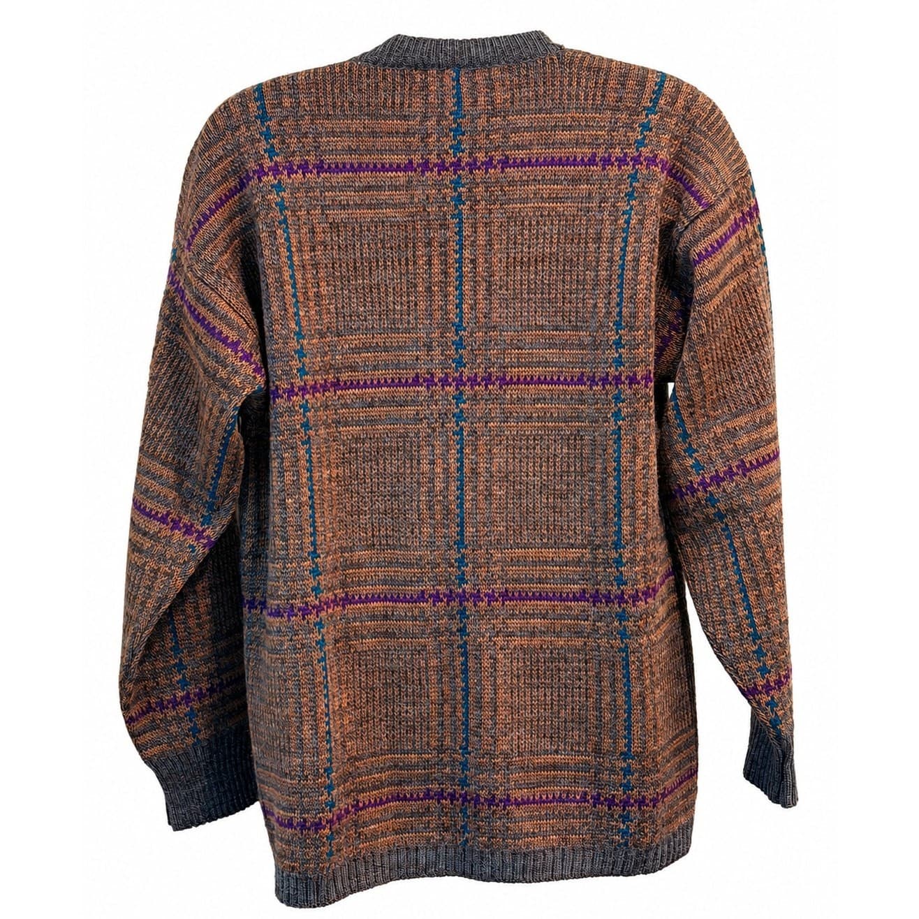 Vintage Neiman Marcus 100% Virgin Wool Cardigan Men's L Brown Plaid Uruguay - Thumbnail 3