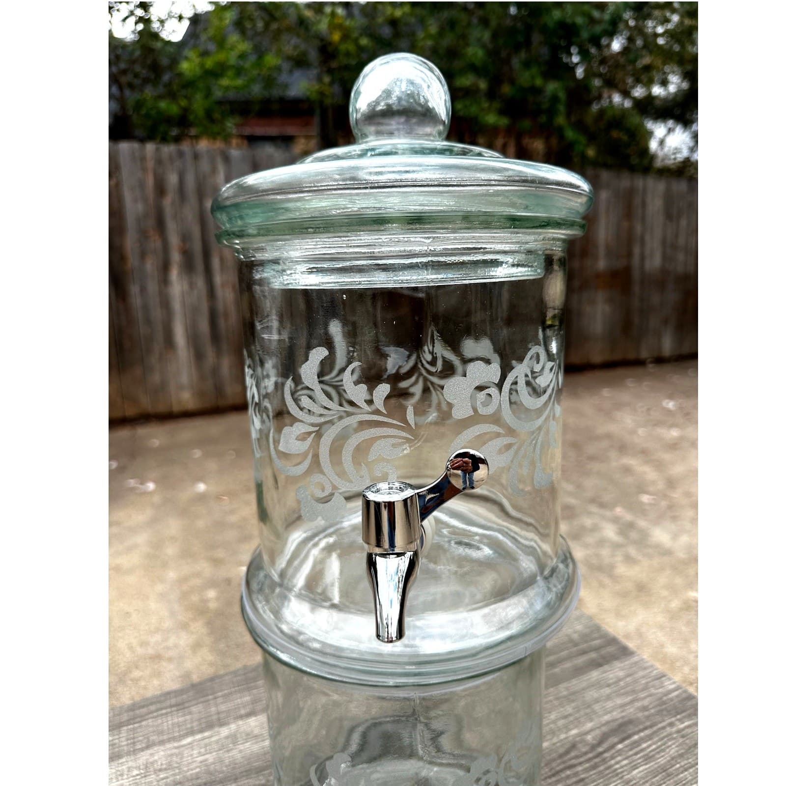 Large Heavy Glass Etched Floral Design Stacking 2-Part Beverage Dispenser - Thumbnail 6