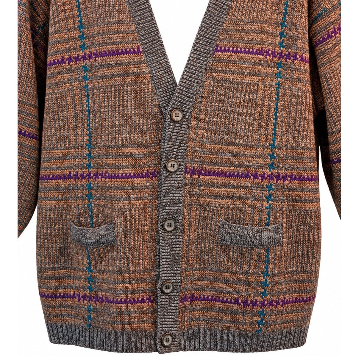 Vintage Neiman Marcus 100% Virgin Wool Cardigan Men's L Brown Plaid Uruguay - Thumbnail 2