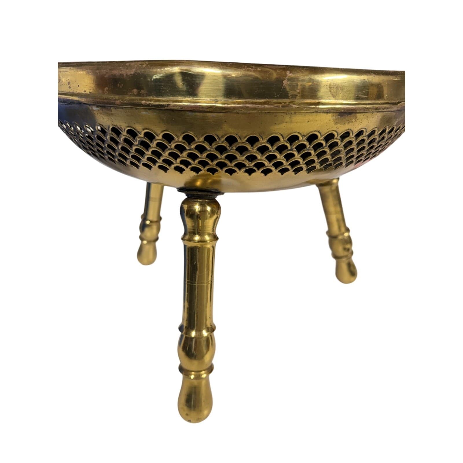 Turkish Moroccan Brass Foot Warmer Brazier 3-Leg 1960s Pierced Stool/Plant Stand - Thumbnail 5