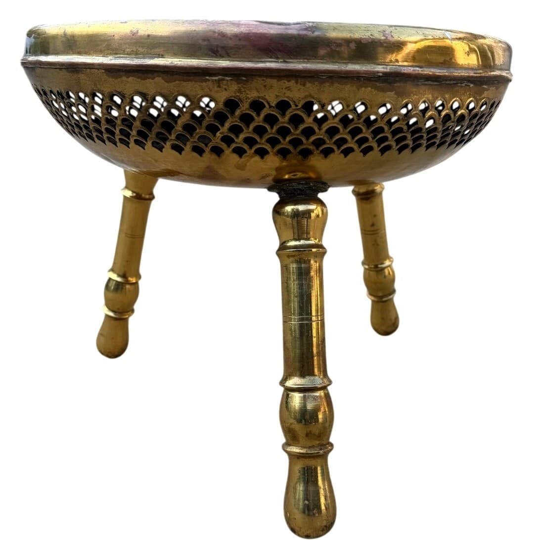 Turkish Moroccan Brass Foot Warmer Brazier 3-Leg 1960s Pierced Stool/Plant Stand - Thumbnail 10