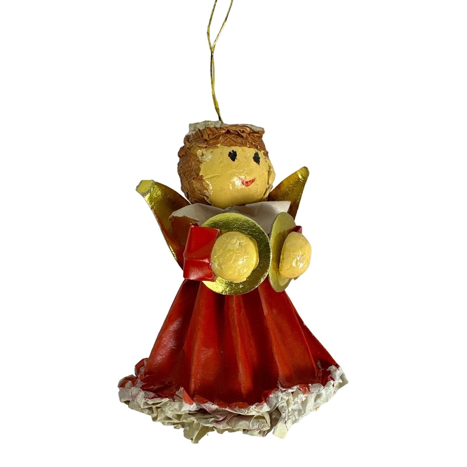 Paper Mâché Vintage Red Angel with Symbols 4” Christmas Tree Ornament