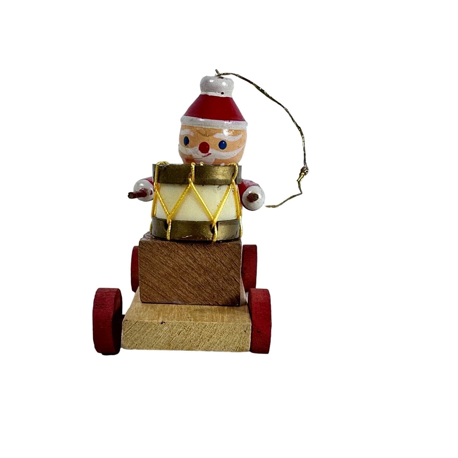Wood Santa Playing Drum on Pull Toy Christmas ornament 3” Vintage - Thumbnail 2