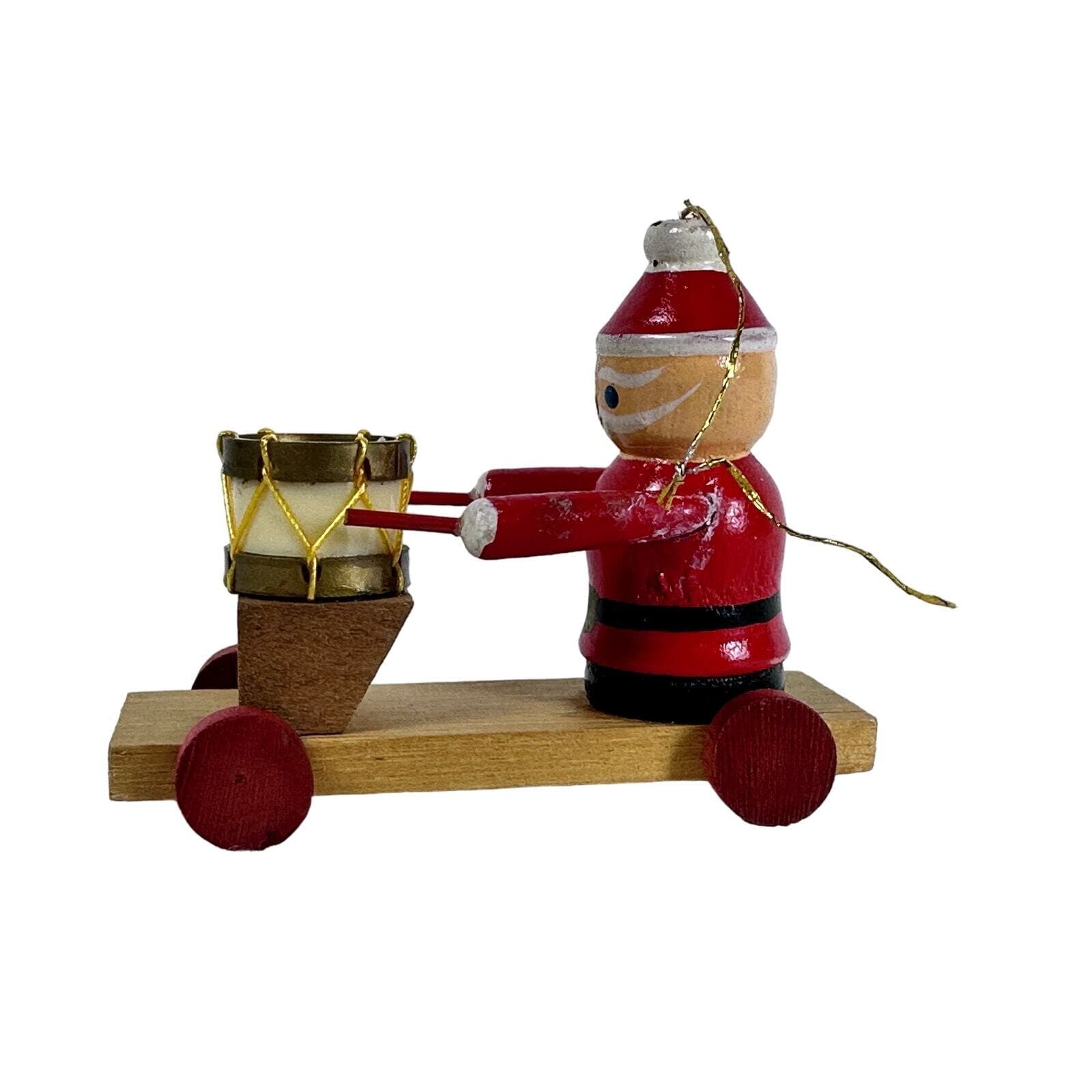 Wood Santa Playing Drum on Pull Toy Christmas ornament 3” Vintage - Thumbnail 3