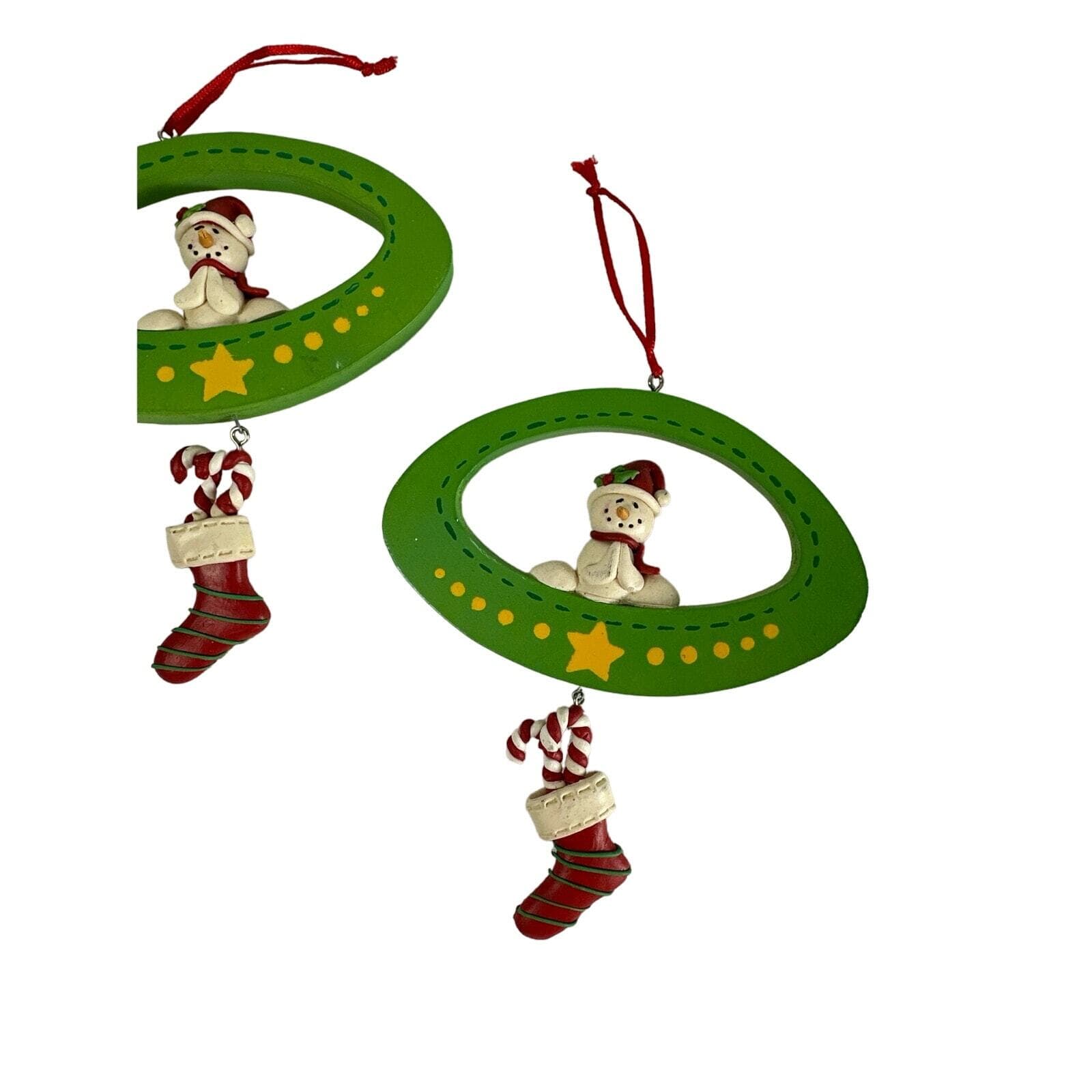 Snowman Ornament with Dangle Stocking & Candy Canes Set of two Retro - Thumbnail 2
