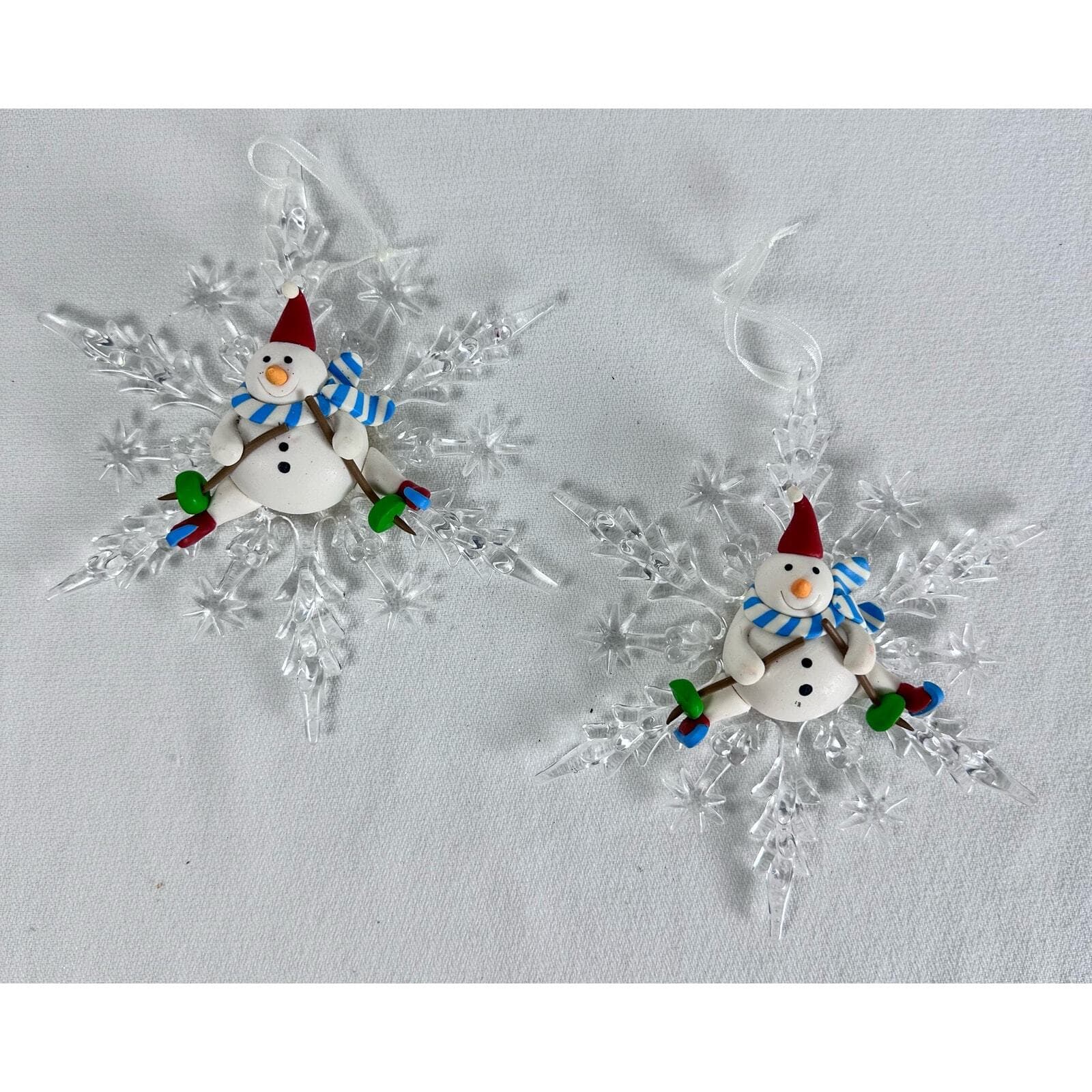 Set of 2 Skiing Snowman on a Clear Snowflake Christmas Ornaments