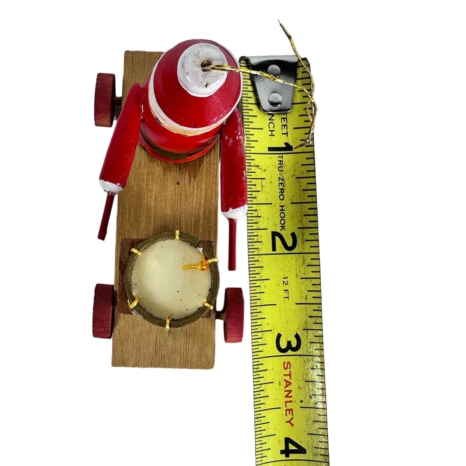 Wood Santa Playing Drum on Pull Toy Christmas ornament 3” Vintage - Thumbnail 7