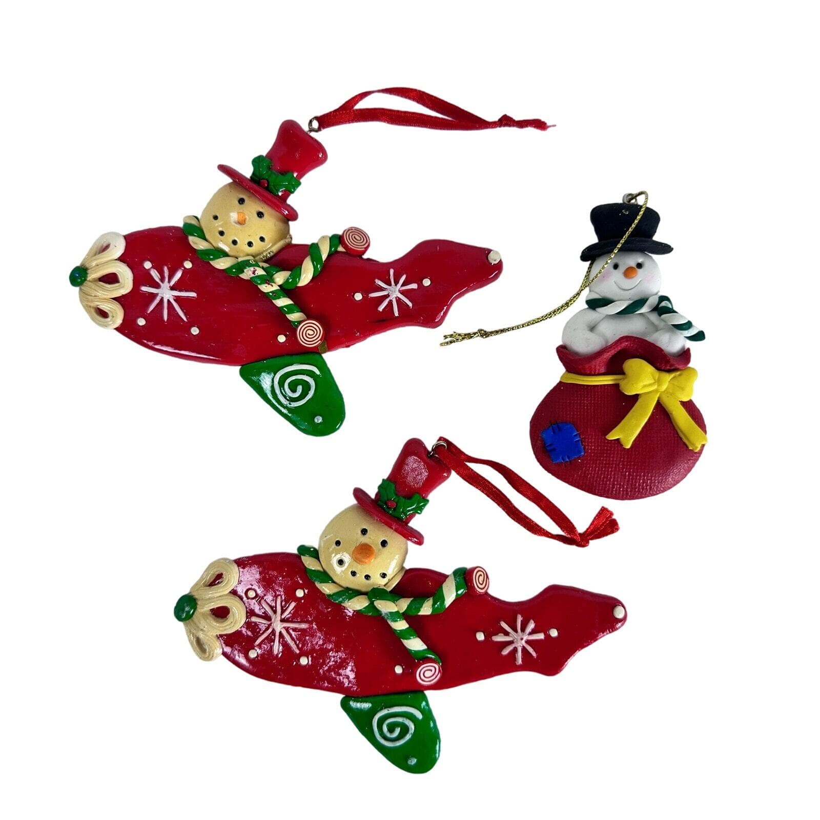 Snowman Ornaments Lot of 3 Red 2 Flying Airplanes & 1 in Santa Sack Retro VG