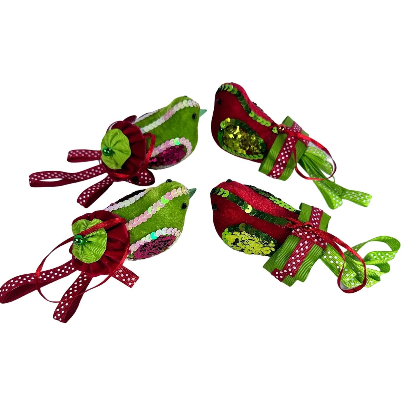 Velvet Red and Green Bird Christmas Ornaments set of 4 - Thumbnail 4
