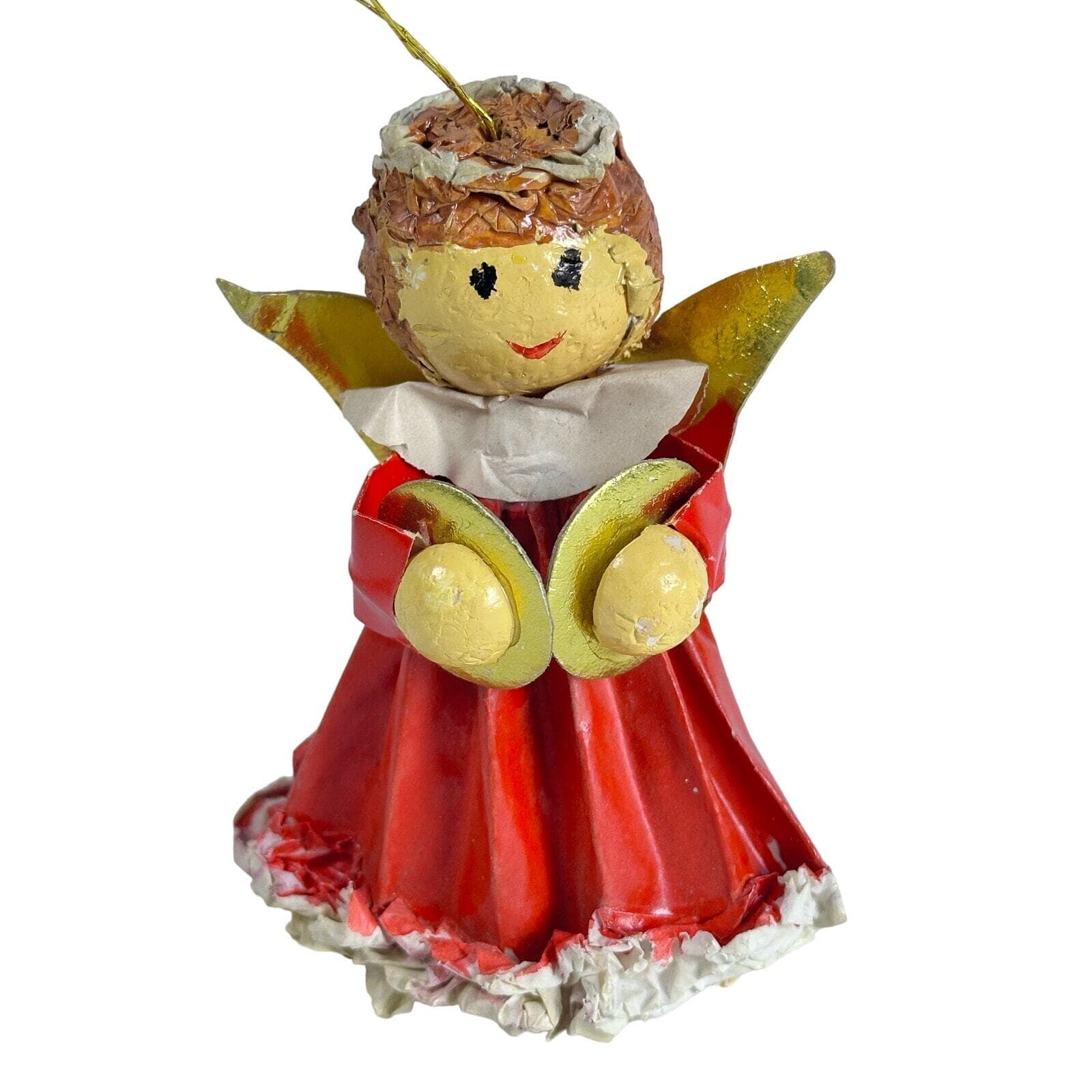 Paper Mâché Vintage Red Angel with Symbols 4” Christmas Tree Ornament - Thumbnail 3