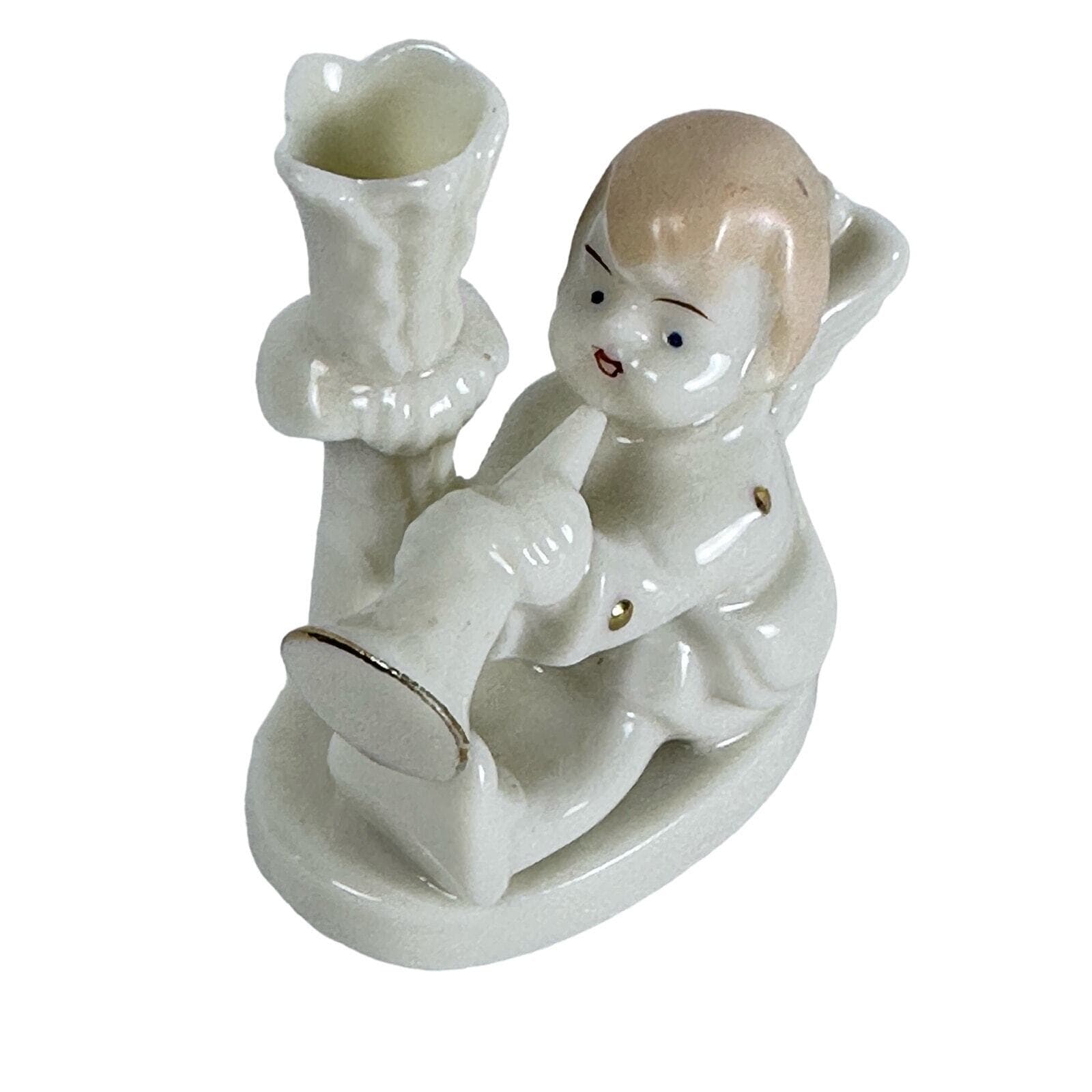Mid-century Ceramic Cherub Angel with Horn Candle Holder/Vase Japan Vintage VG - Thumbnail 6