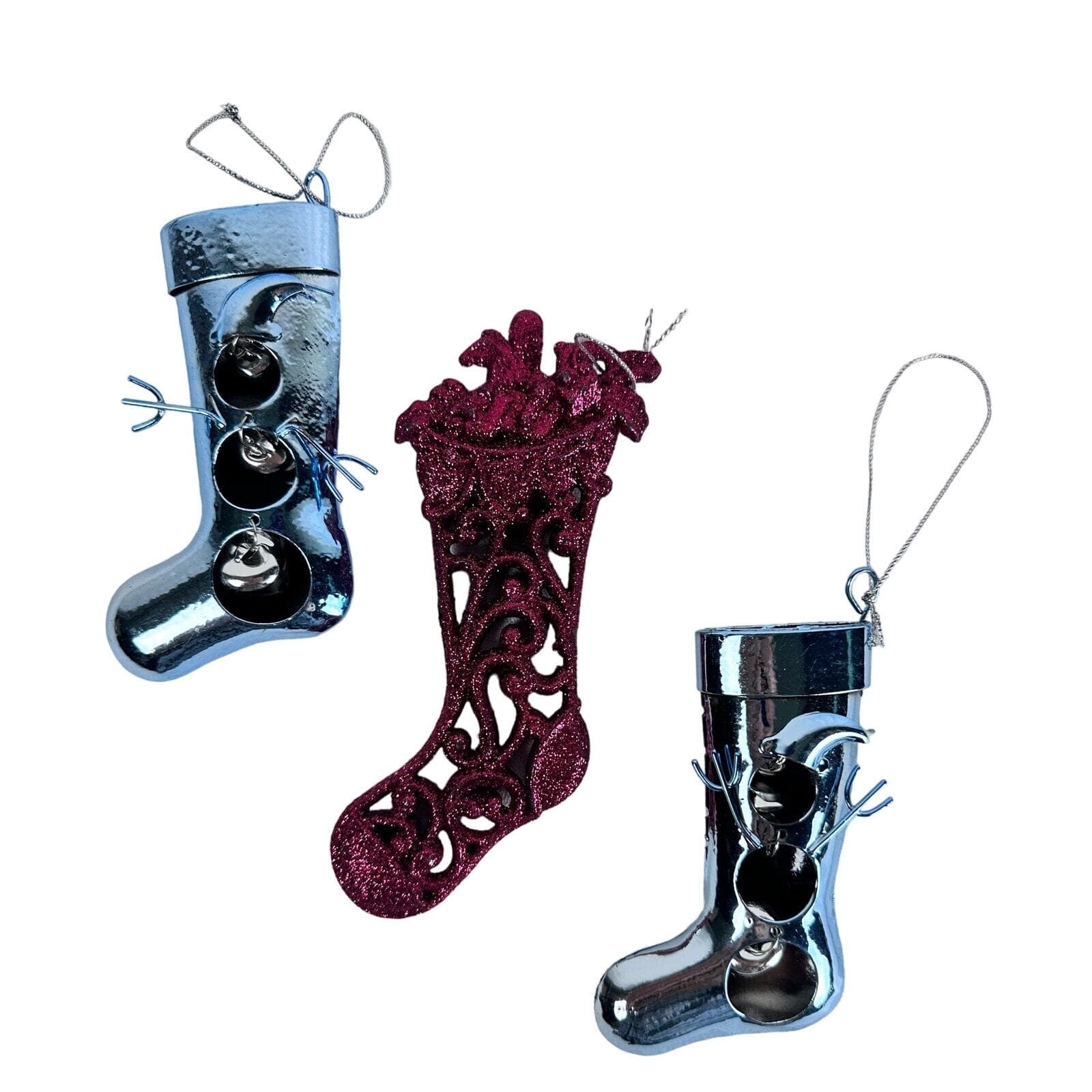 Set of 3 Stocking Christmas Ornaments 2 Blue with Bells & 1 Red Glitter. 6”