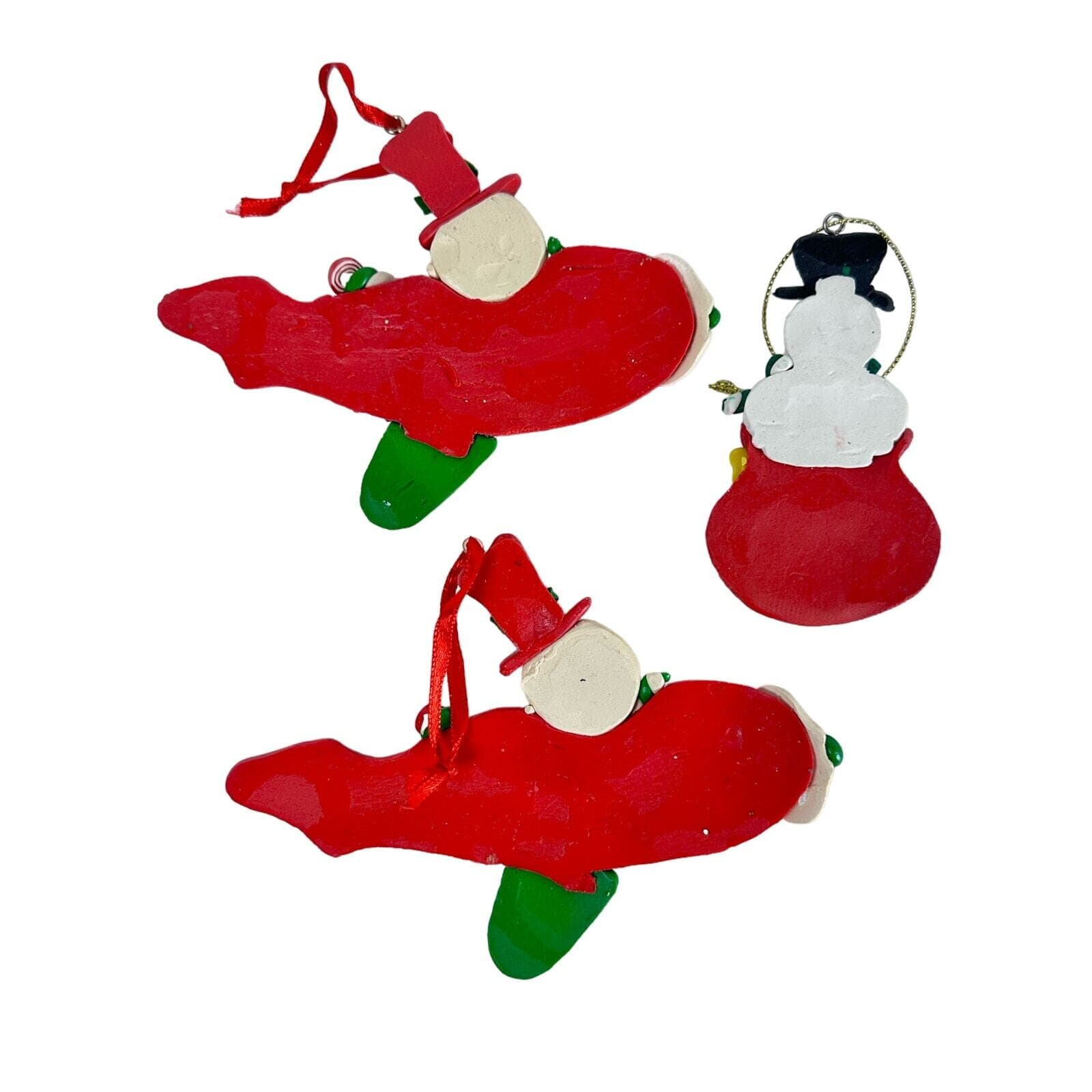 Snowman Ornaments Lot of 3 Red 2 Flying Airplanes & 1 in Santa Sack Retro VG - Thumbnail 5