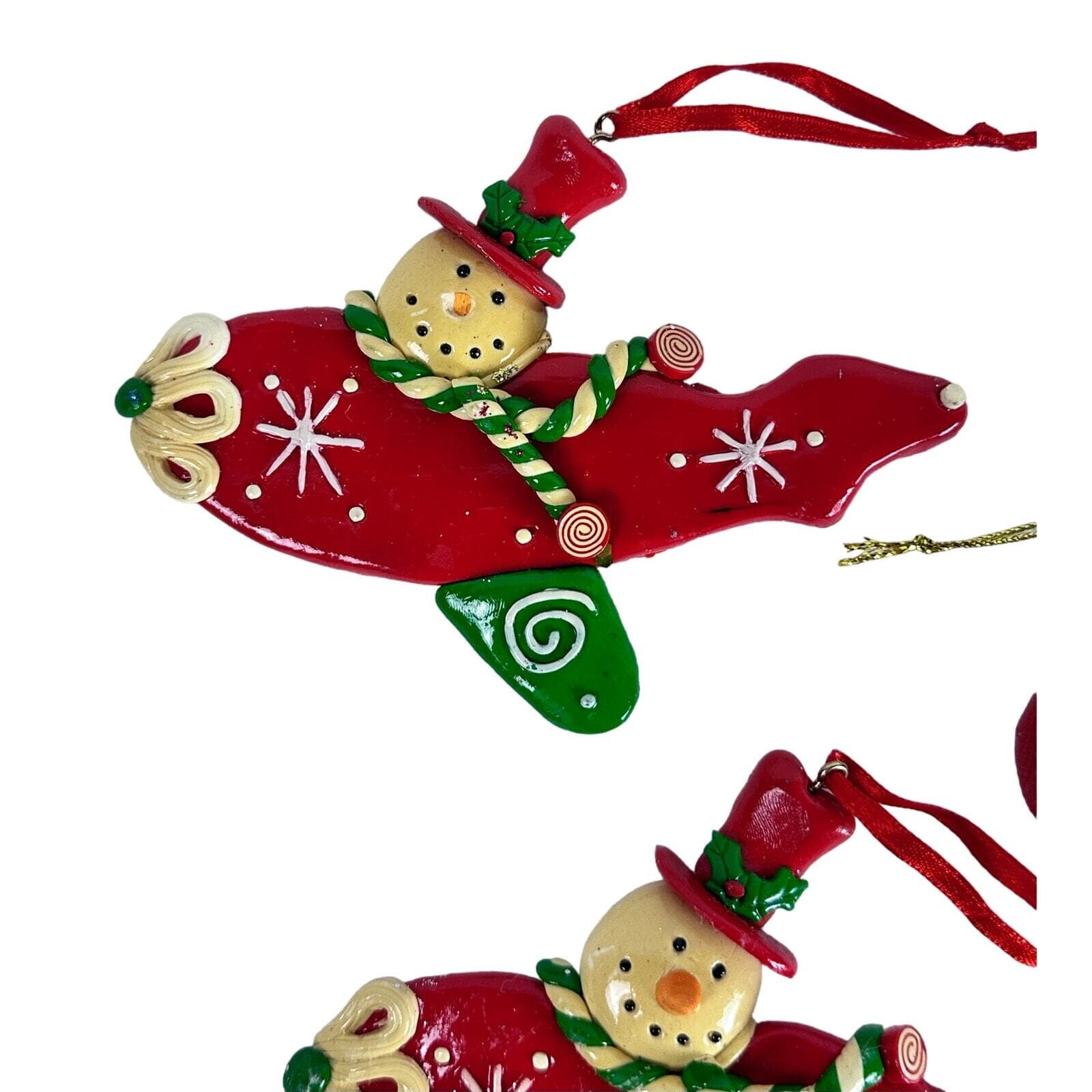 Snowman Ornaments Lot of 3 Red 2 Flying Airplanes & 1 in Santa Sack Retro VG - Thumbnail 2
