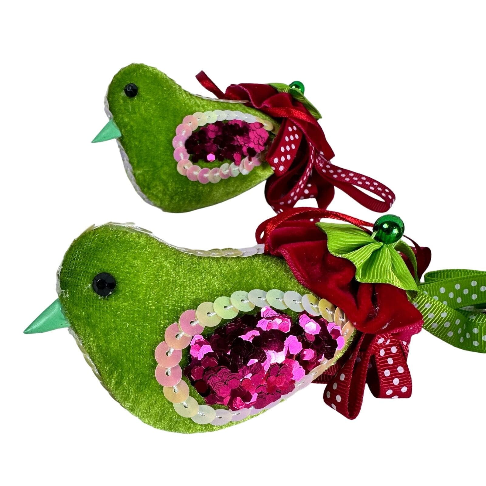 Velvet Red and Green Bird Christmas Ornaments set of 4 - Thumbnail 2