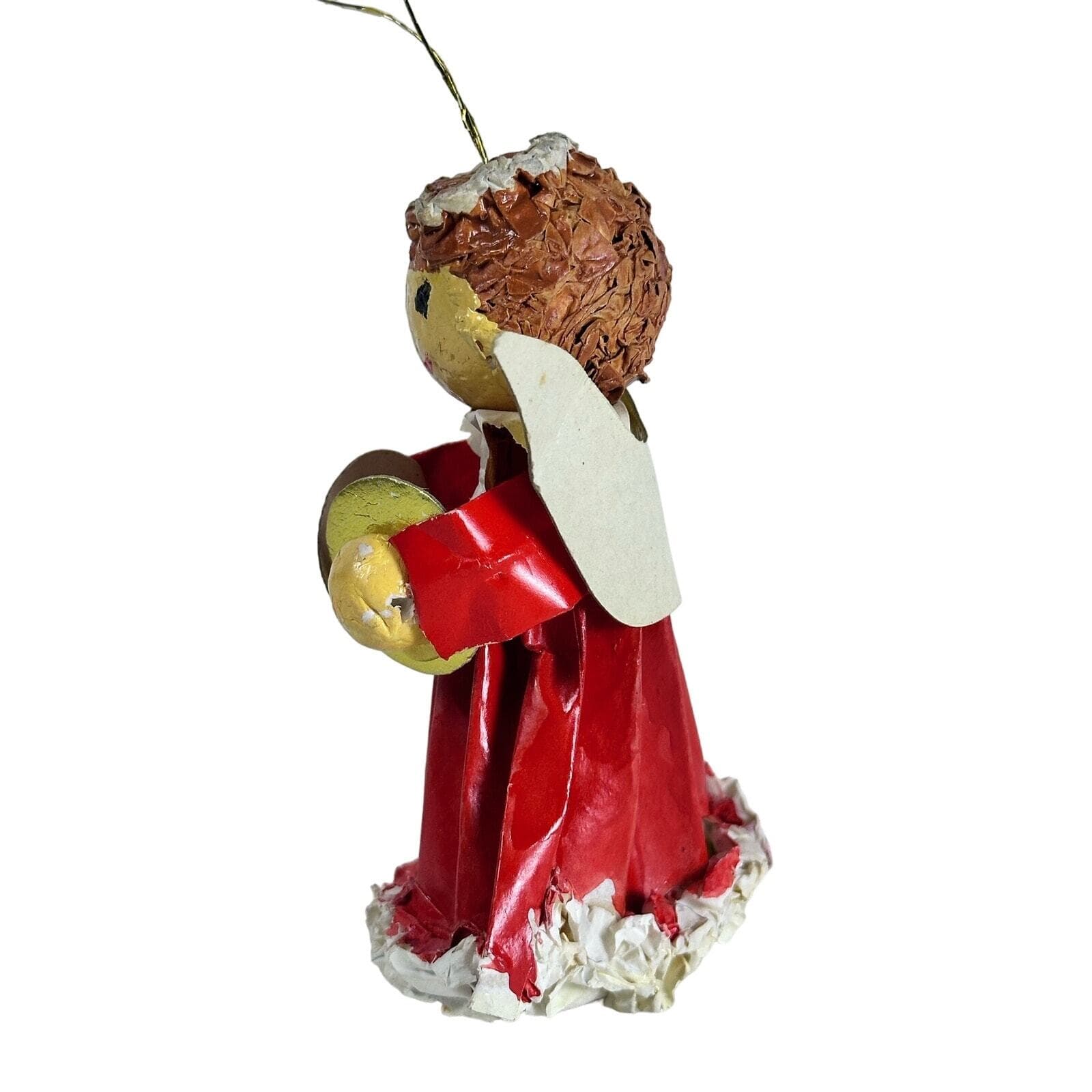 Paper Mâché Vintage Red Angel with Symbols 4” Christmas Tree Ornament - Thumbnail 4