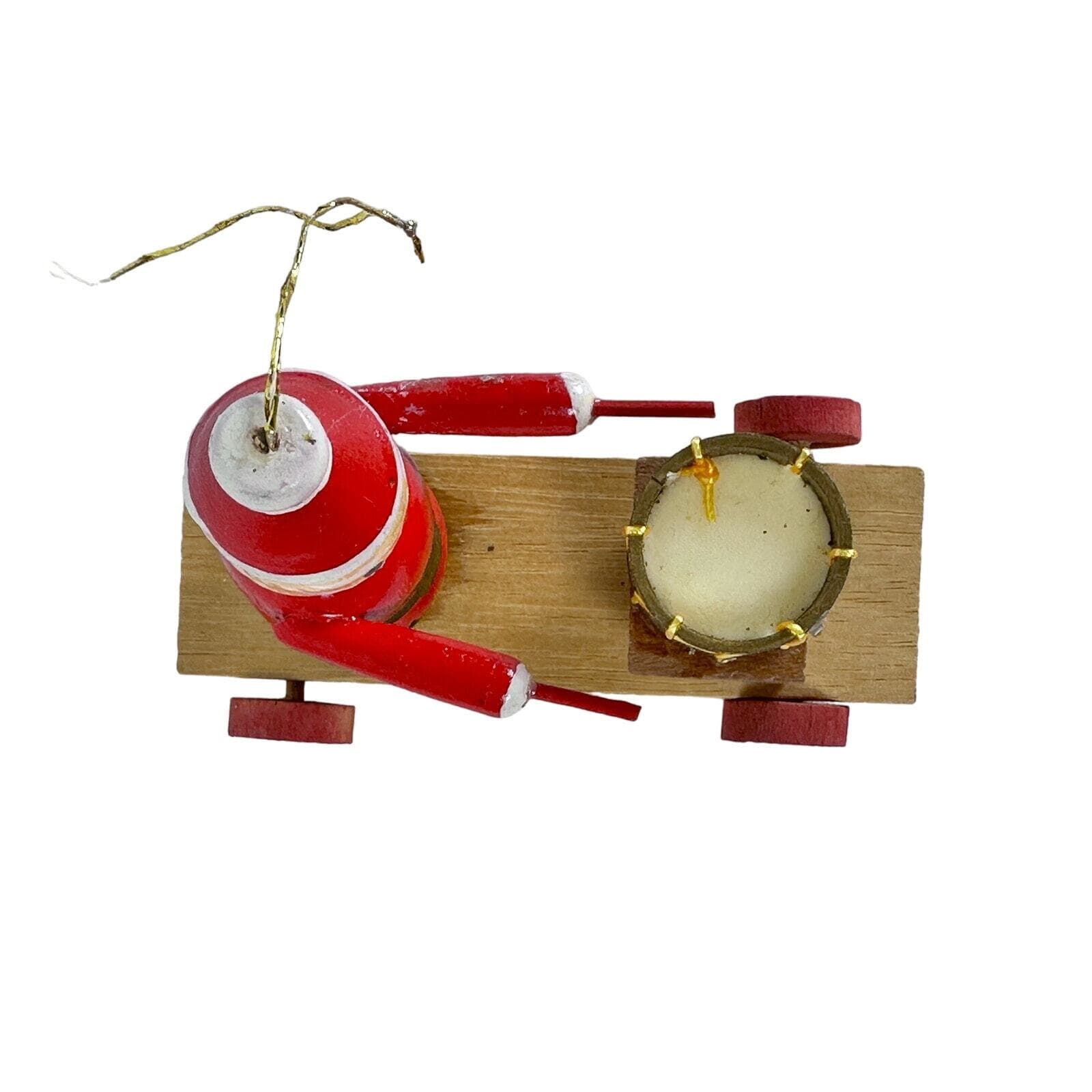 Wood Santa Playing Drum on Pull Toy Christmas ornament 3” Vintage - Thumbnail 6