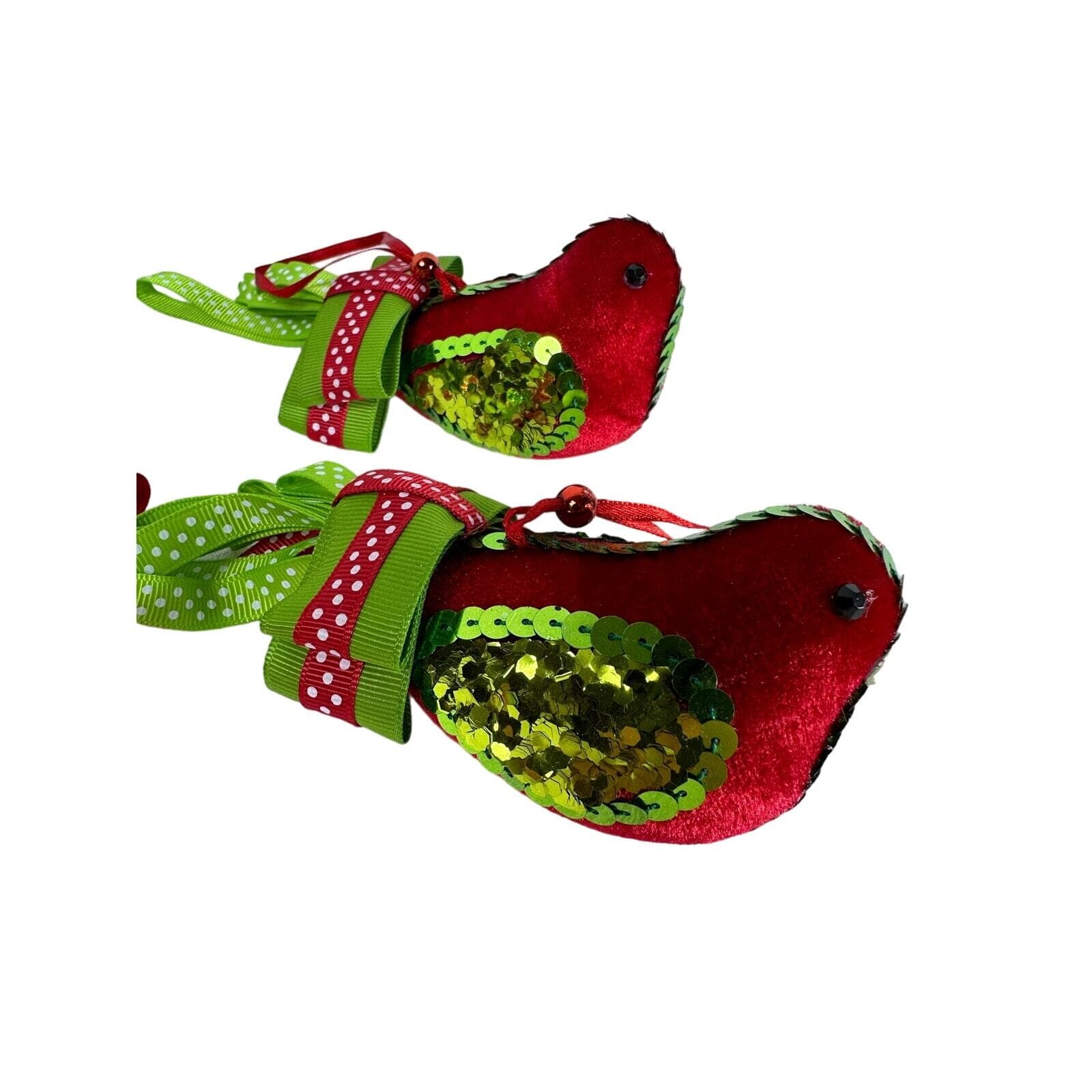 Velvet Red and Green Bird Christmas Ornaments set of 4 - Thumbnail 3