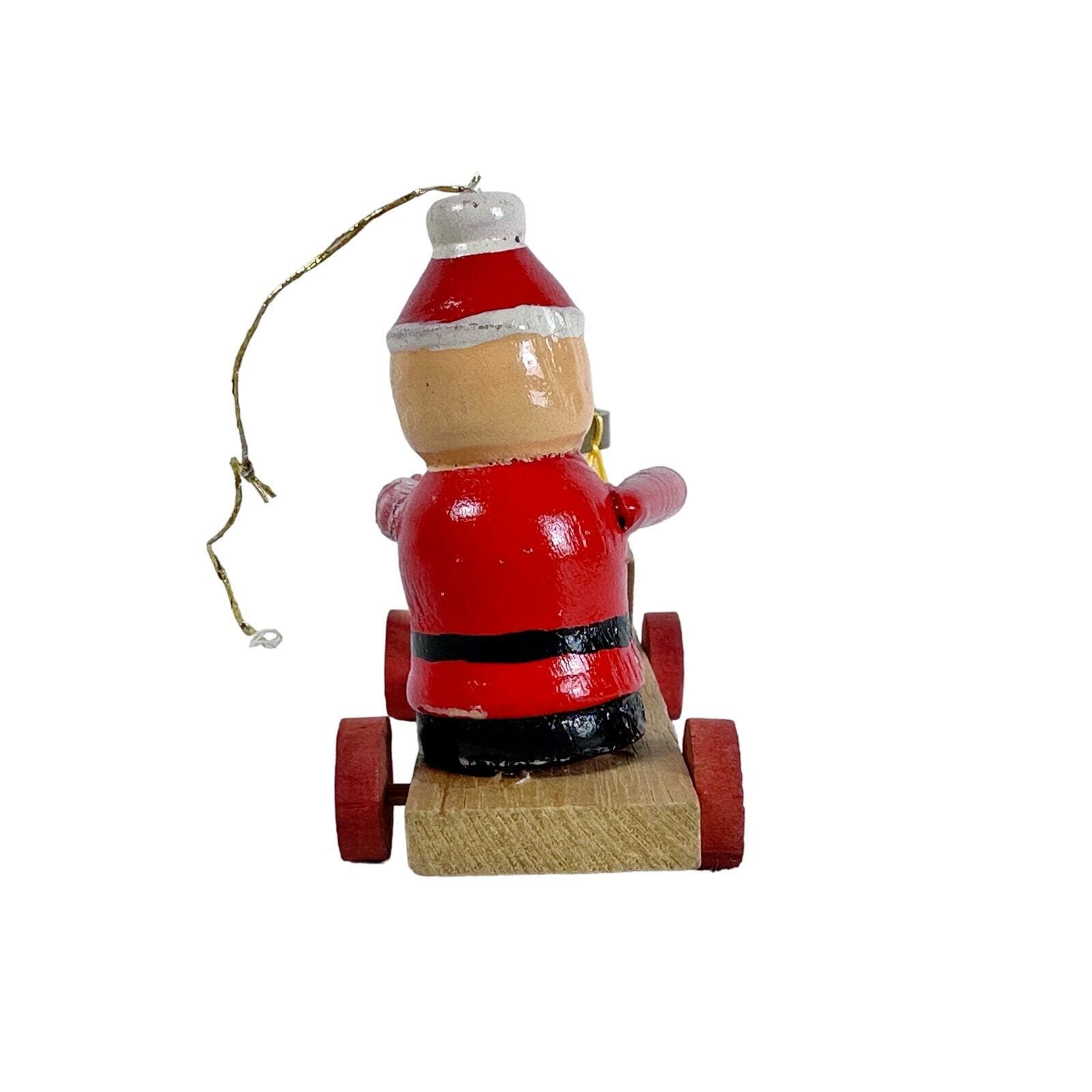 Wood Santa Playing Drum on Pull Toy Christmas ornament 3” Vintage - Thumbnail 4