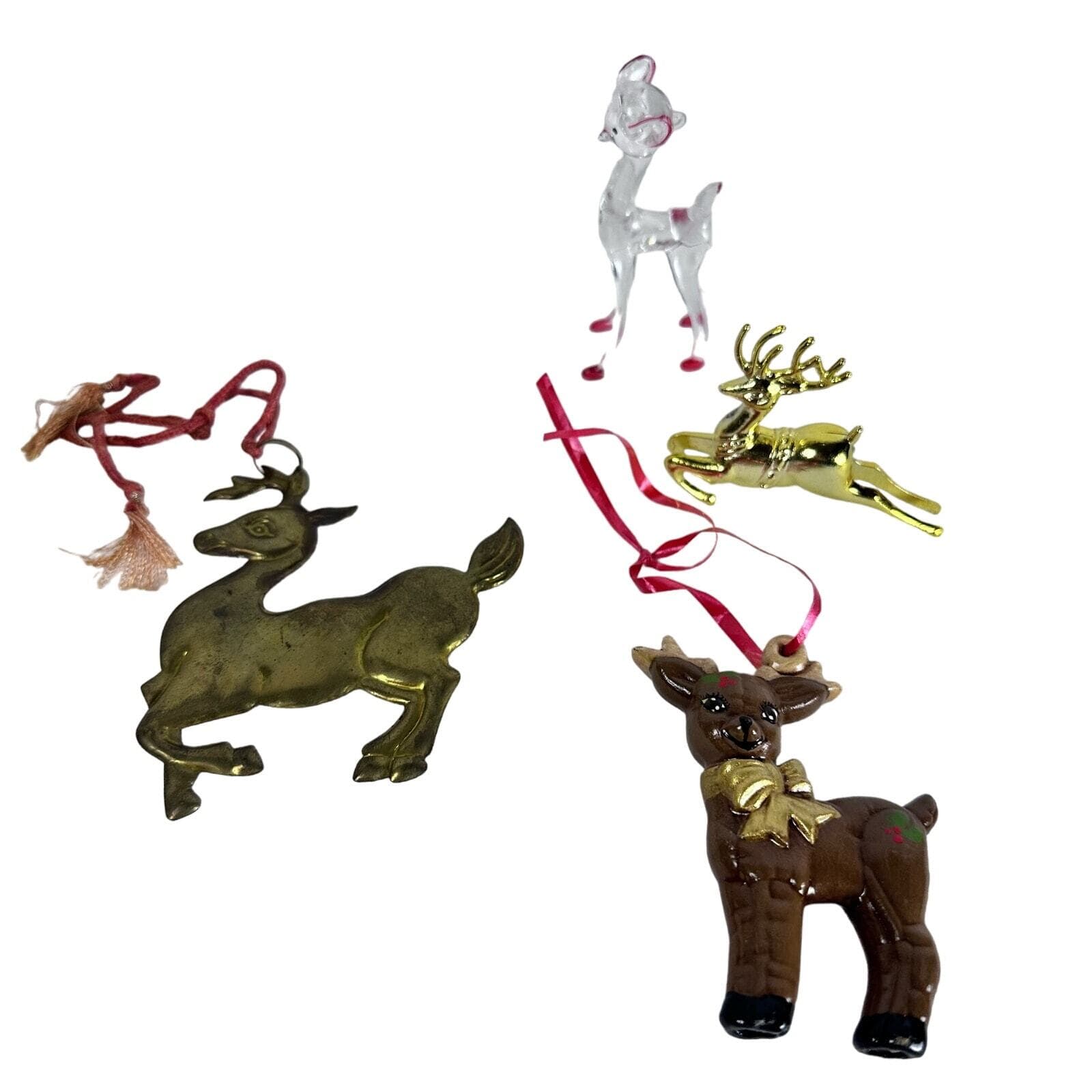 Lot of 4 Various Reindeer Christmas Ornaments in Brass, Plastic & Ceramic VG