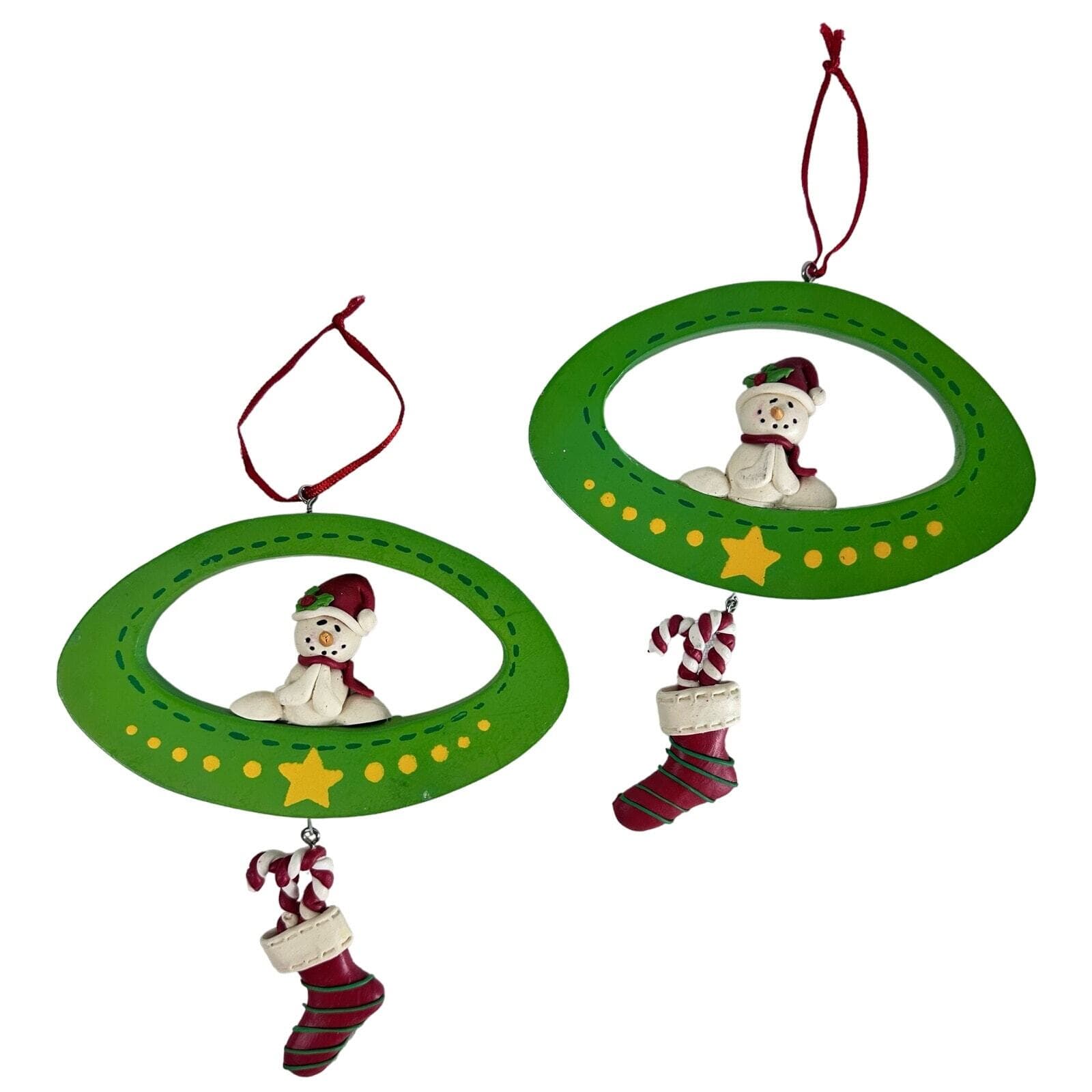 Snowman Ornament with Dangle Stocking & Candy Canes Set of two Retro