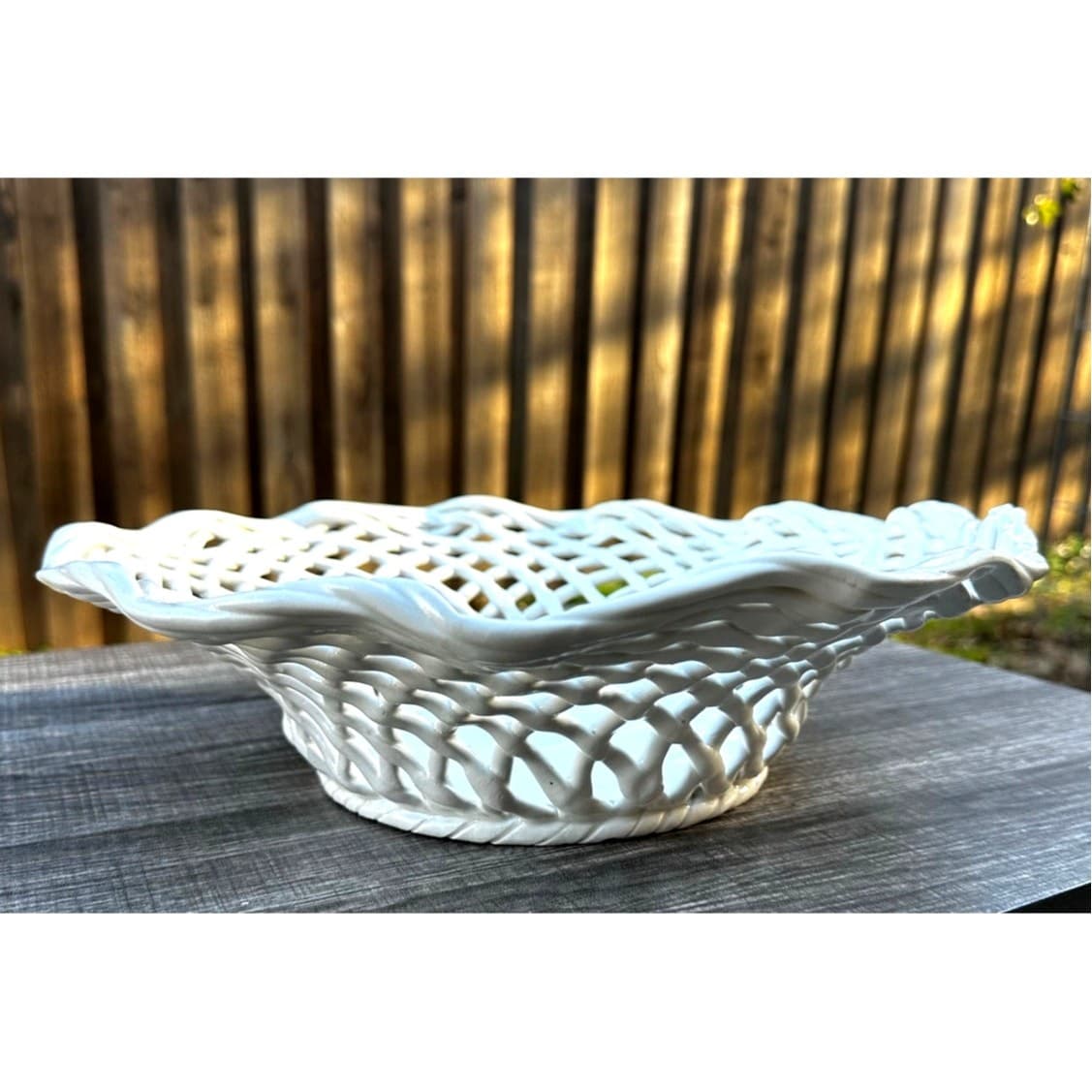 Ceramic Woven White Lattice Ruffle Top Large 13" Centerpiece Fruit Bowl/Basket