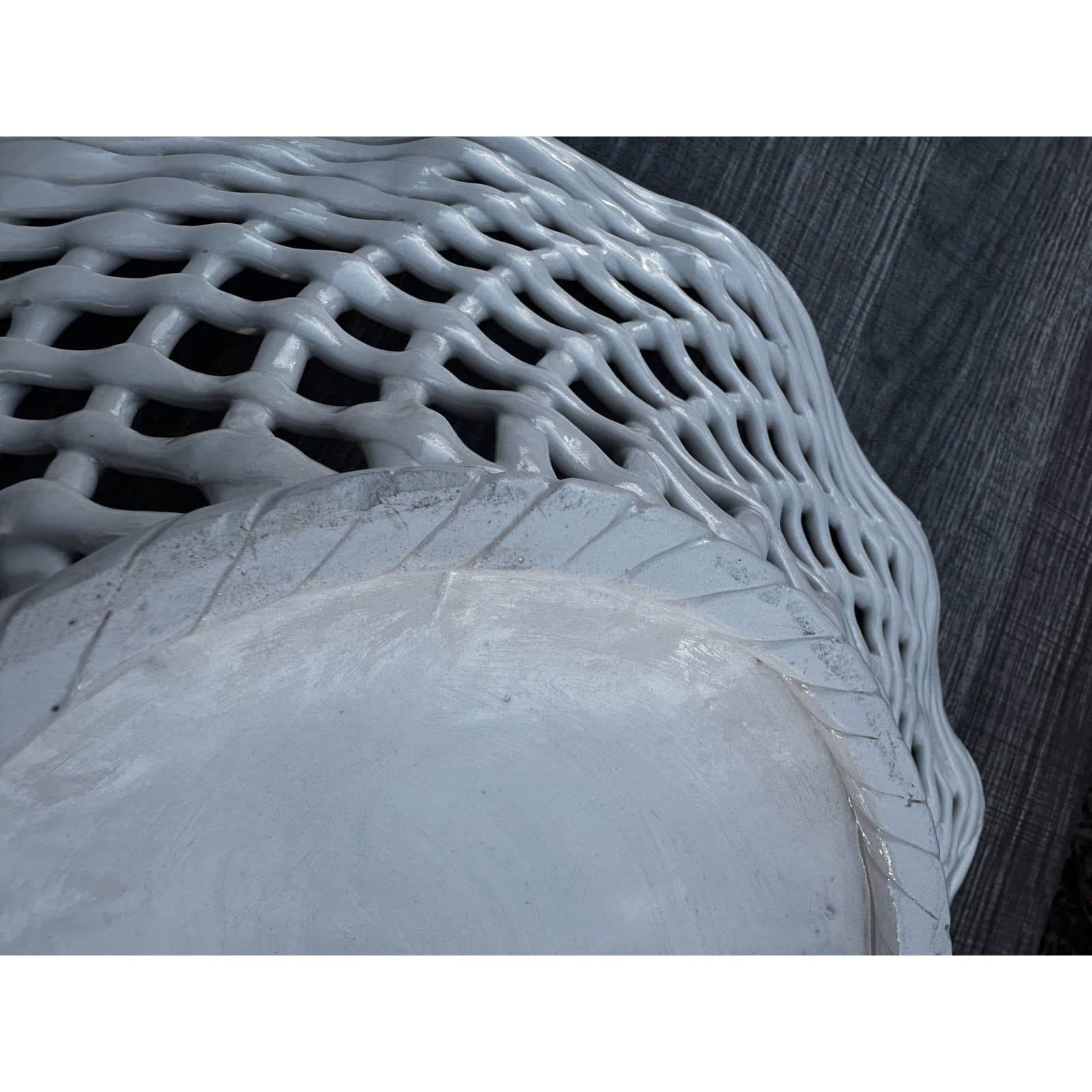 Ceramic Woven White Lattice Ruffle Top Large 13" Centerpiece Fruit Bowl/Basket - Thumbnail 9