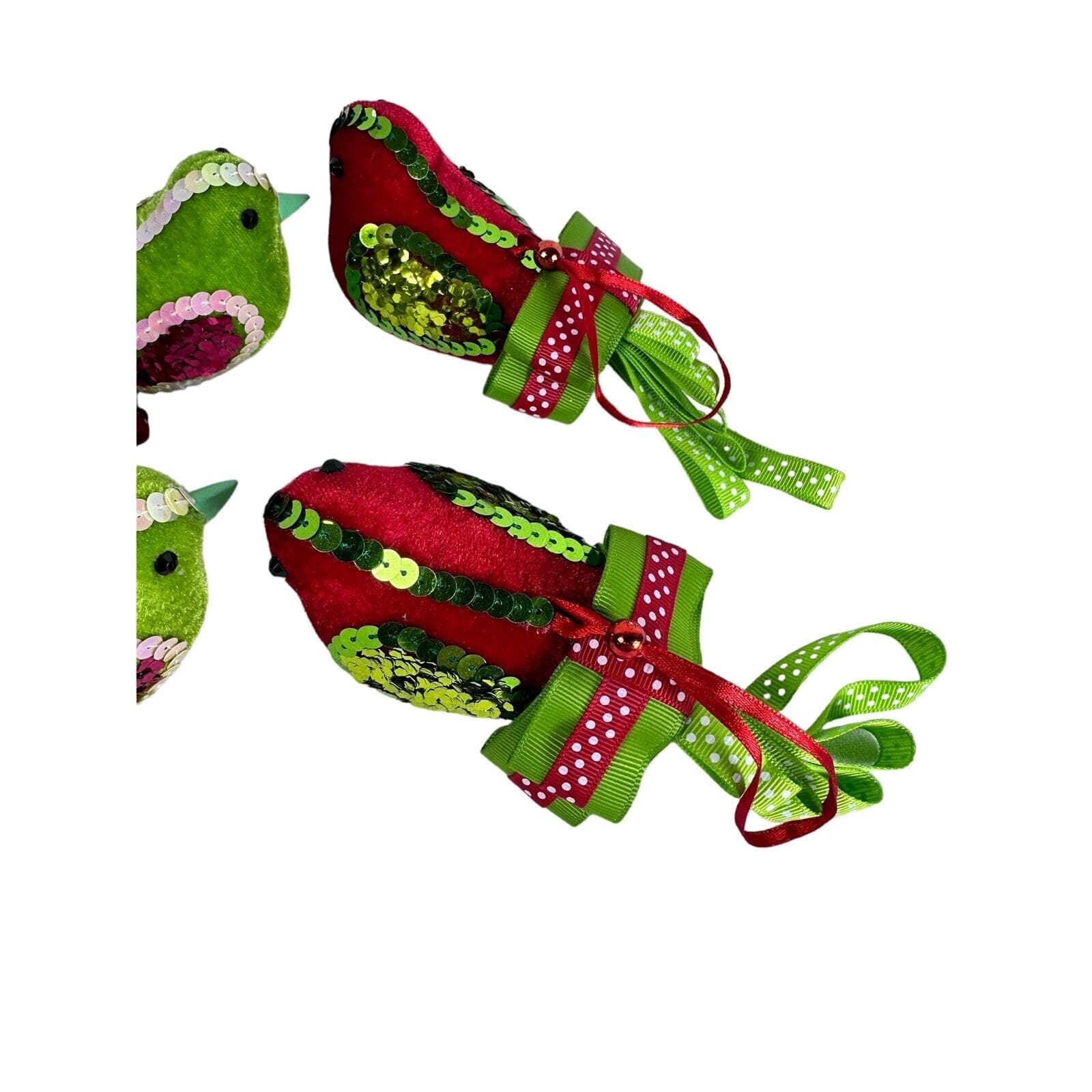 Velvet Red and Green Bird Christmas Ornaments set of 4 - Thumbnail 6