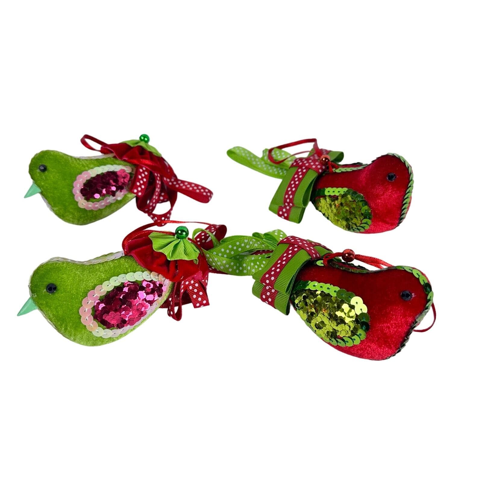 Velvet Red and Green Bird Christmas Ornaments set of 4