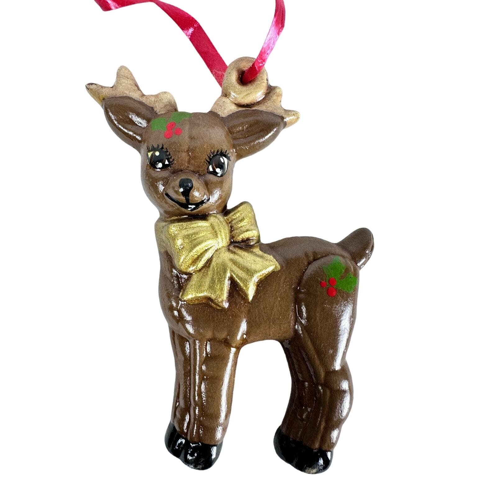 Lot of 4 Various Reindeer Christmas Ornaments in Brass, Plastic & Ceramic VG - Thumbnail 3