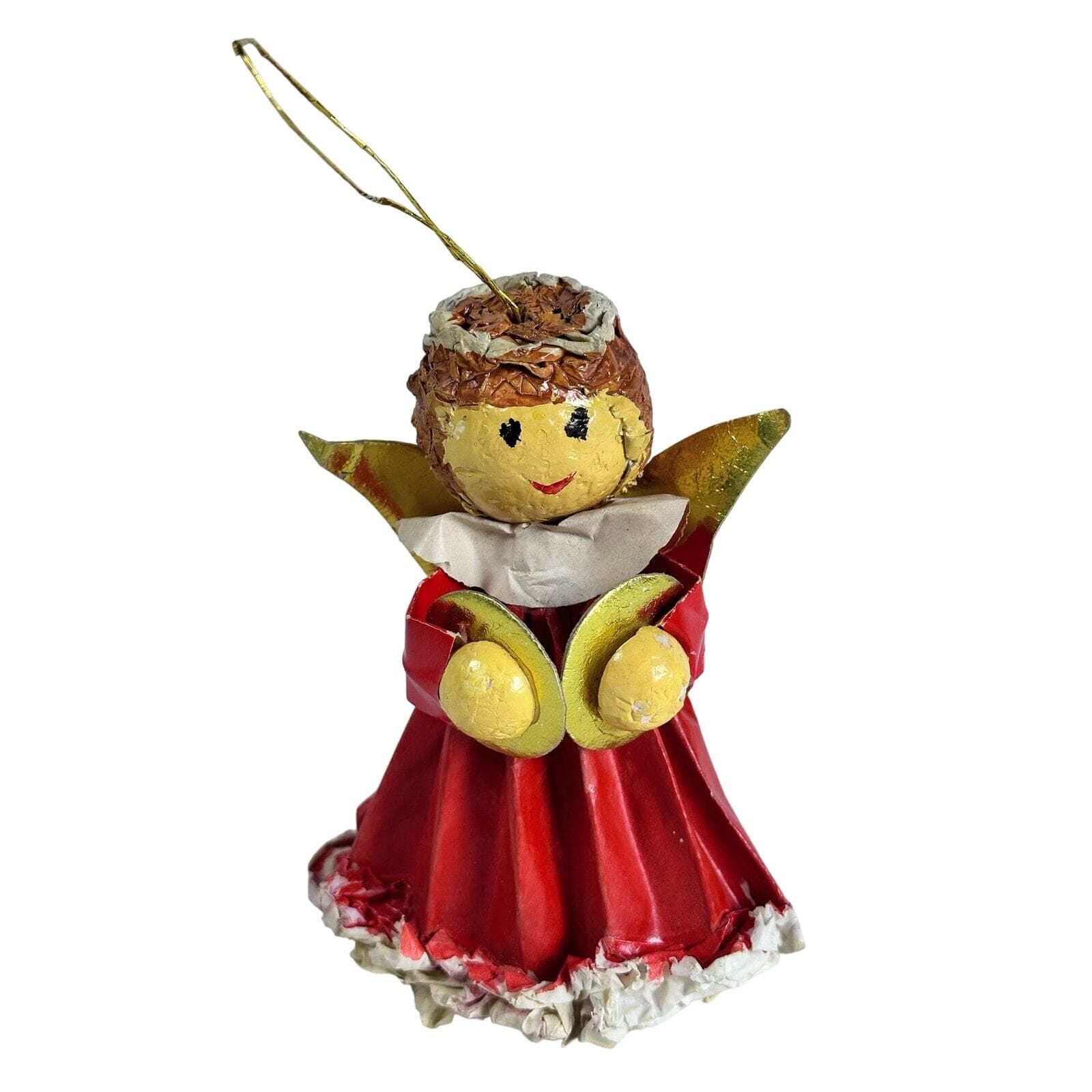 Paper Mâché Vintage Red Angel with Symbols 4” Christmas Tree Ornament - Thumbnail 2
