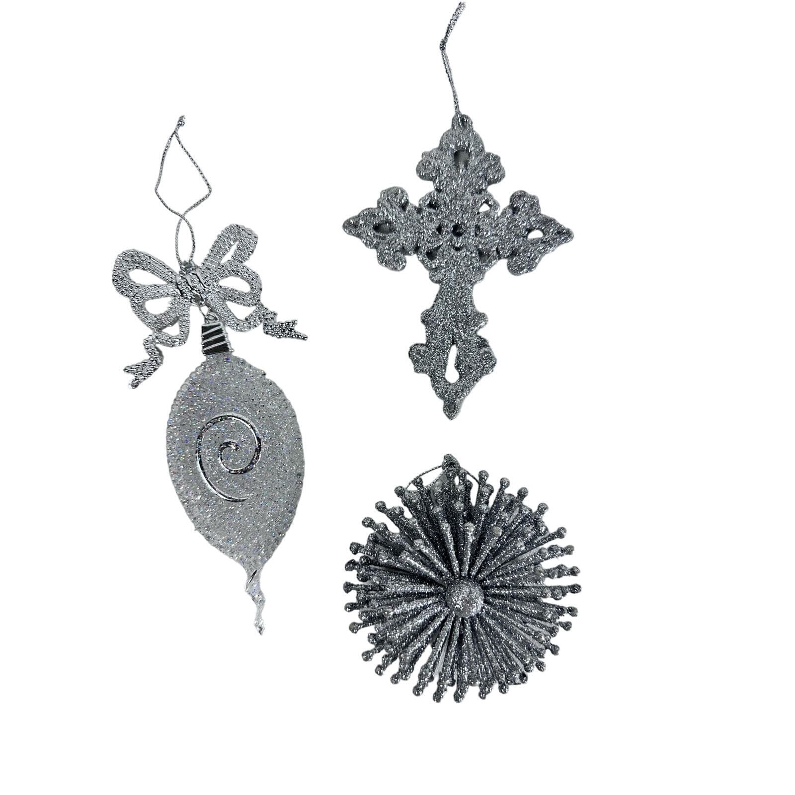 Lot of 3 Silver Sparkle Christmas Tree Ornaments, Beautiful
