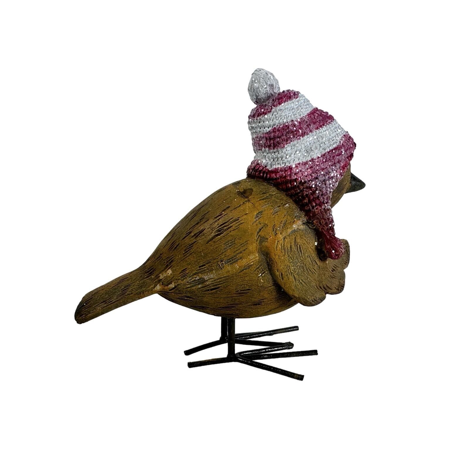 Brown Wood look Bird Figure with Red & White Christmas Hat Vintage 4-1/2” VG - Thumbnail 3