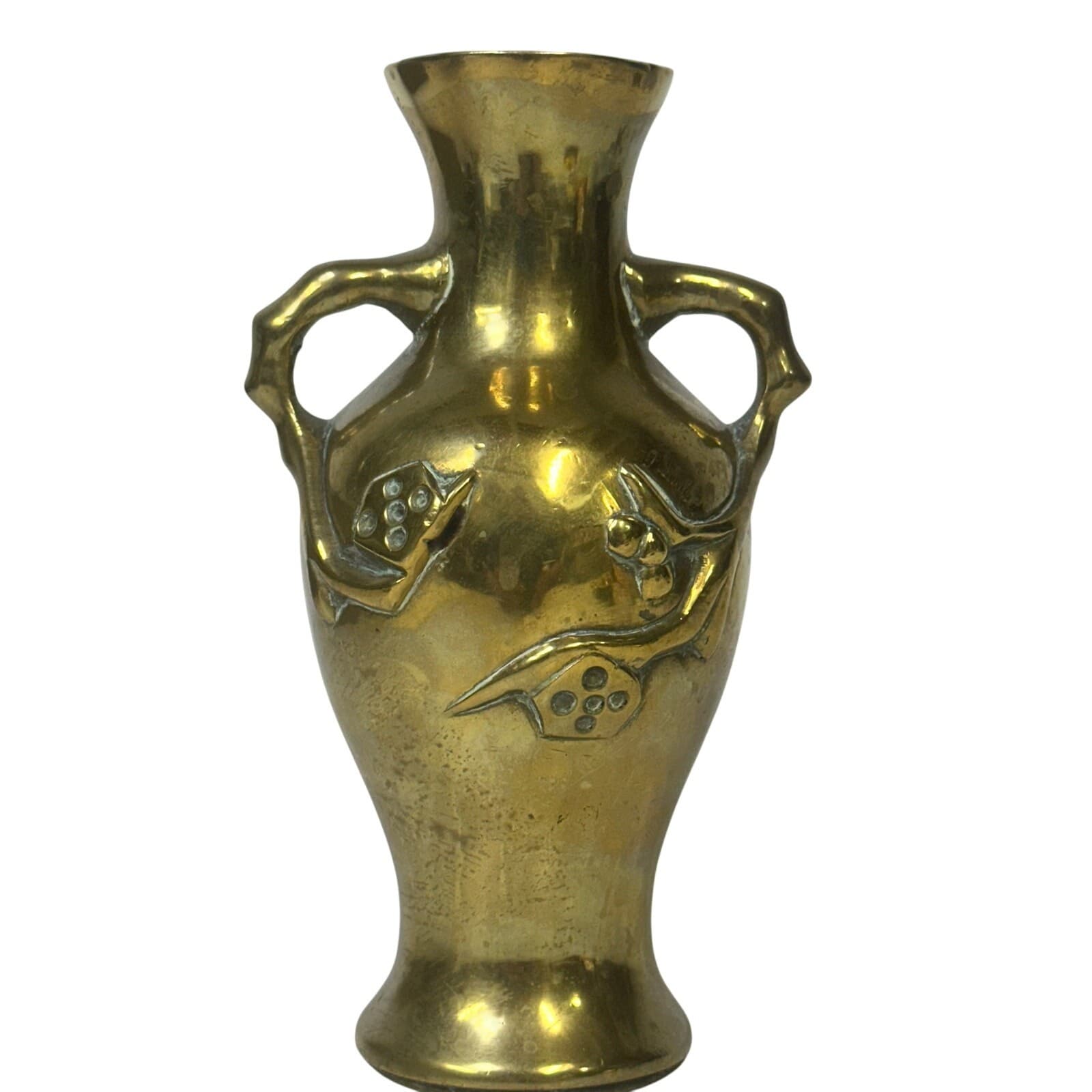 Japanese Antique Meiji Double Handle Bamboo Flower Art Nouveau Solid Brass Vase - Thumbnail 3