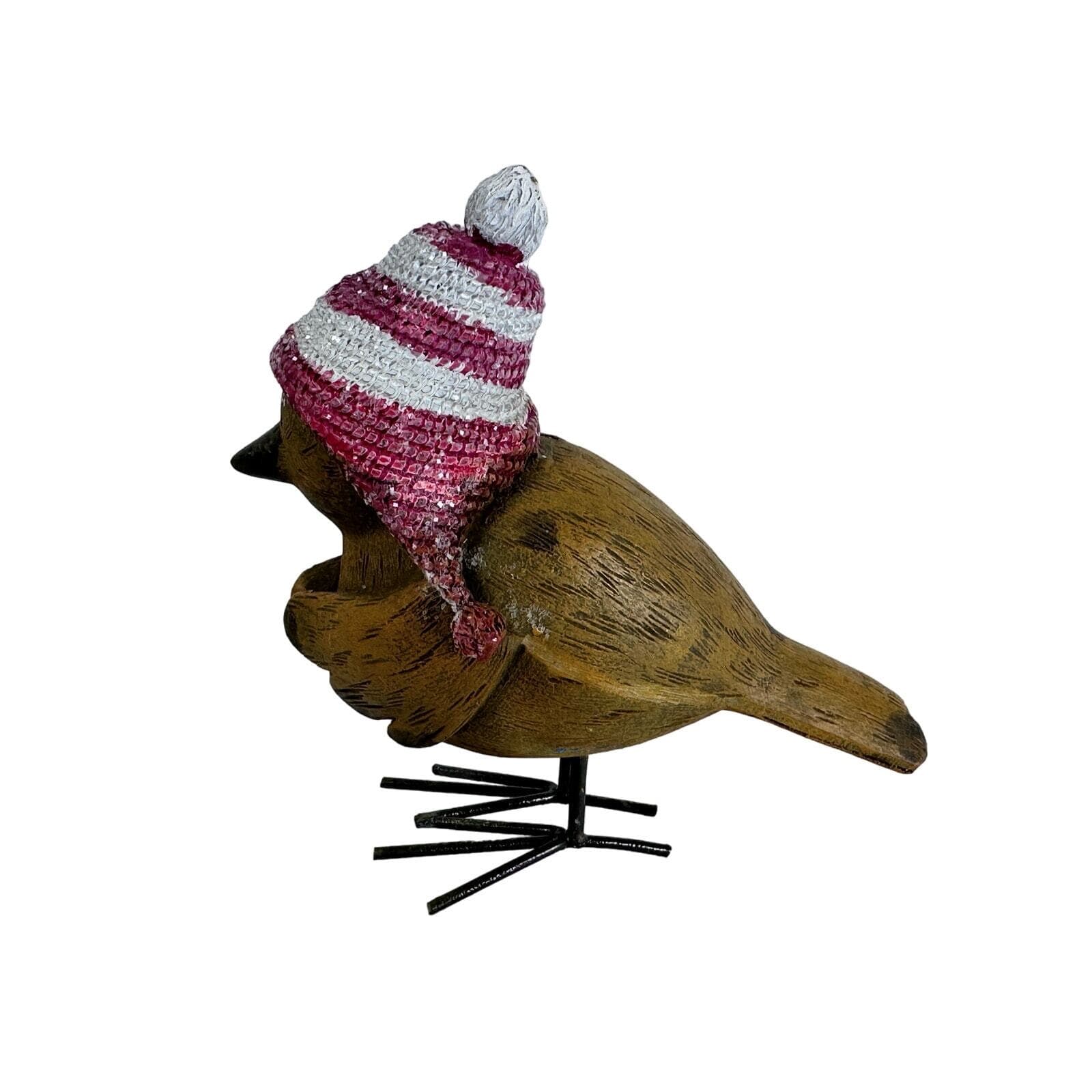Brown Wood look Bird Figure with Red & White Christmas Hat Vintage 4-1/2” VG