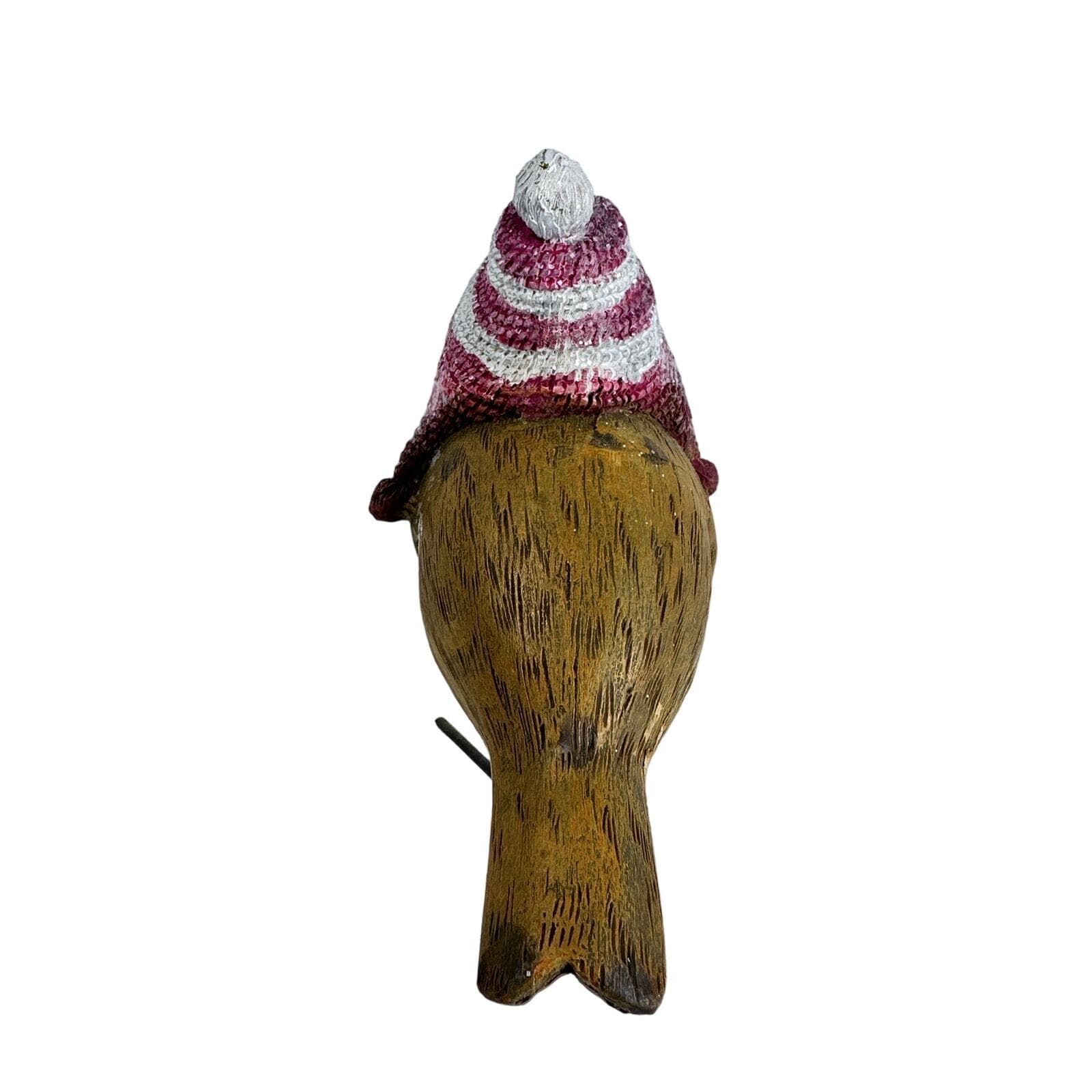 Brown Wood look Bird Figure with Red & White Christmas Hat Vintage 4-1/2” VG - Thumbnail 4