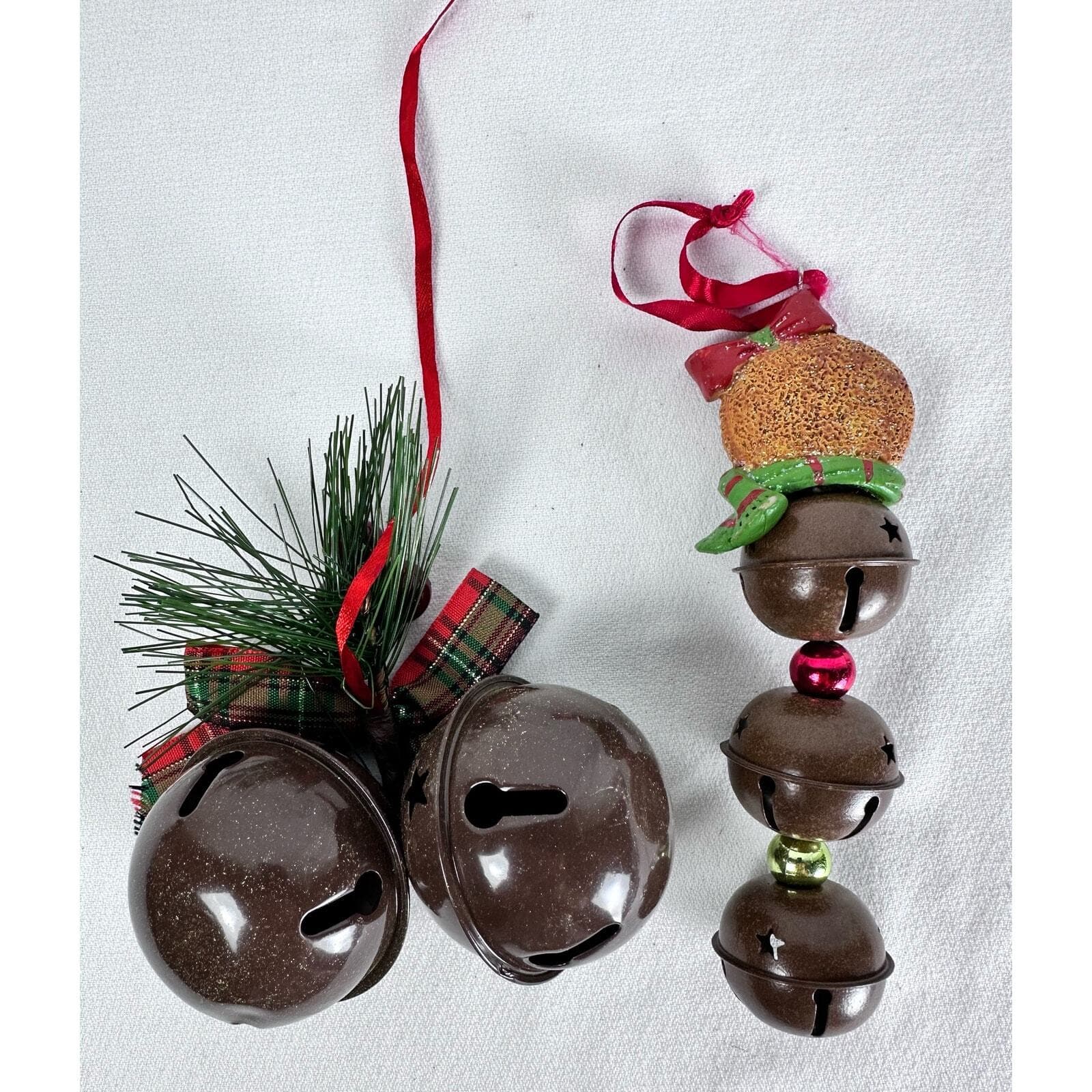 Lot of 2 jingle bell ornaments 1 w/ two bells & Holly 1 w/ gingerbread & 3 bells - Thumbnail 5