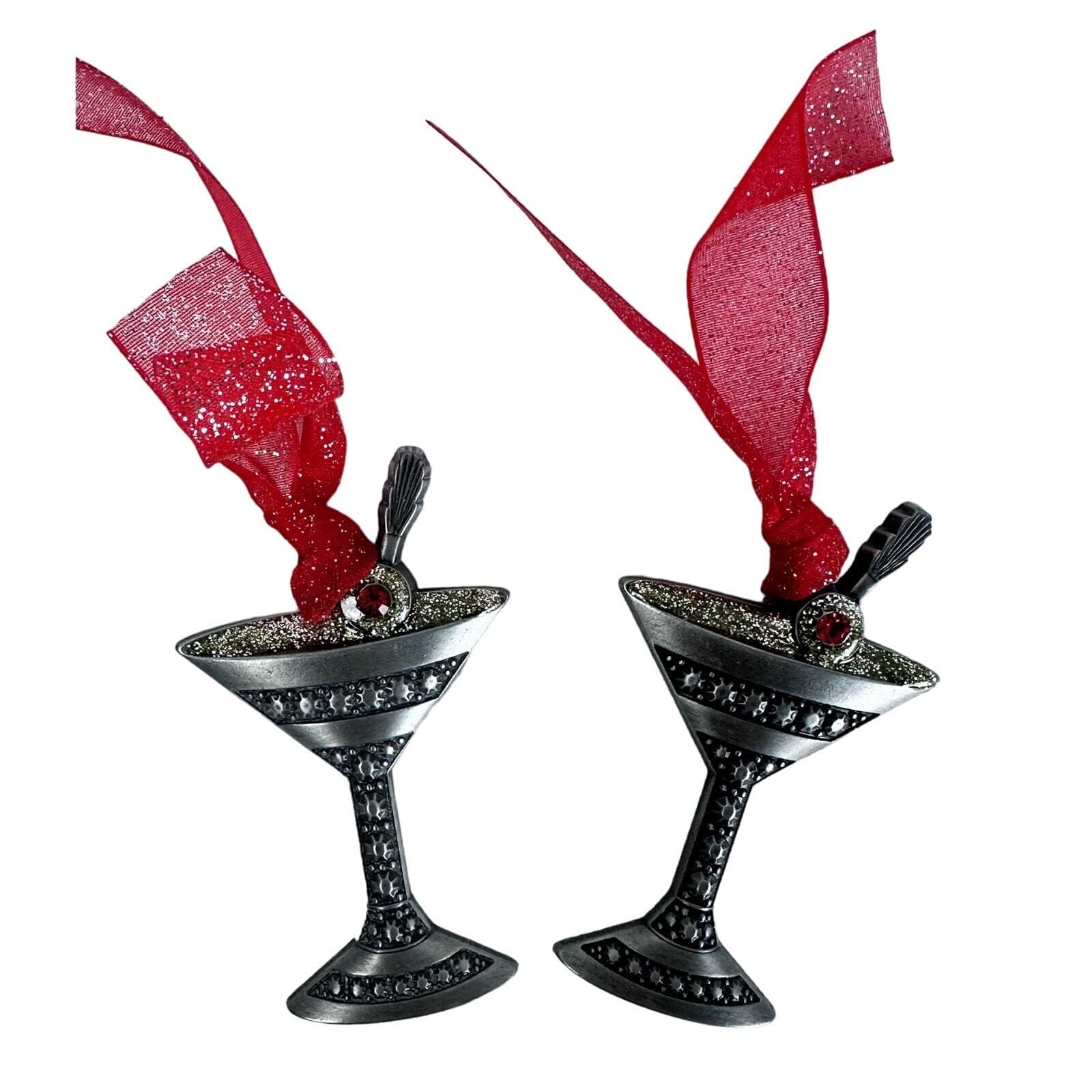 2 Gloria Duchin 2008 Pewter Martini w red SWAVAROSKI Crystal Christmas ornaments