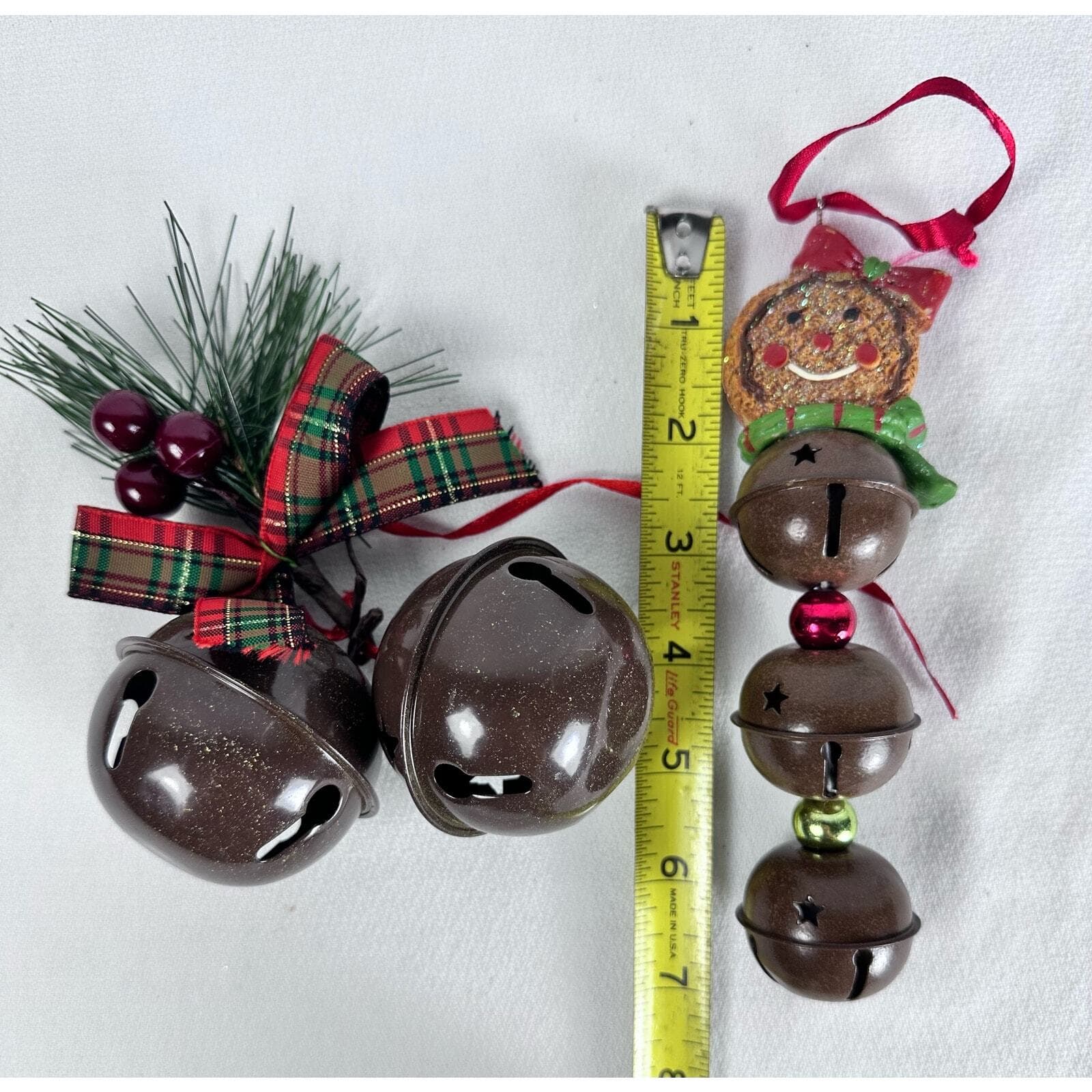 Lot of 2 jingle bell ornaments 1 w/ two bells & Holly 1 w/ gingerbread & 3 bells - Thumbnail 6