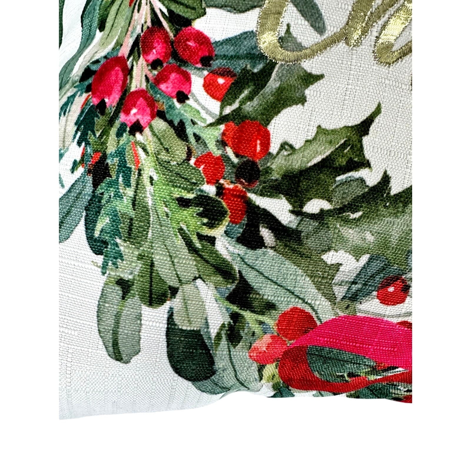 Christmas Wreath Embroidered Gold Merry Christmas 17" Square Throw Pillow - Thumbnail 3