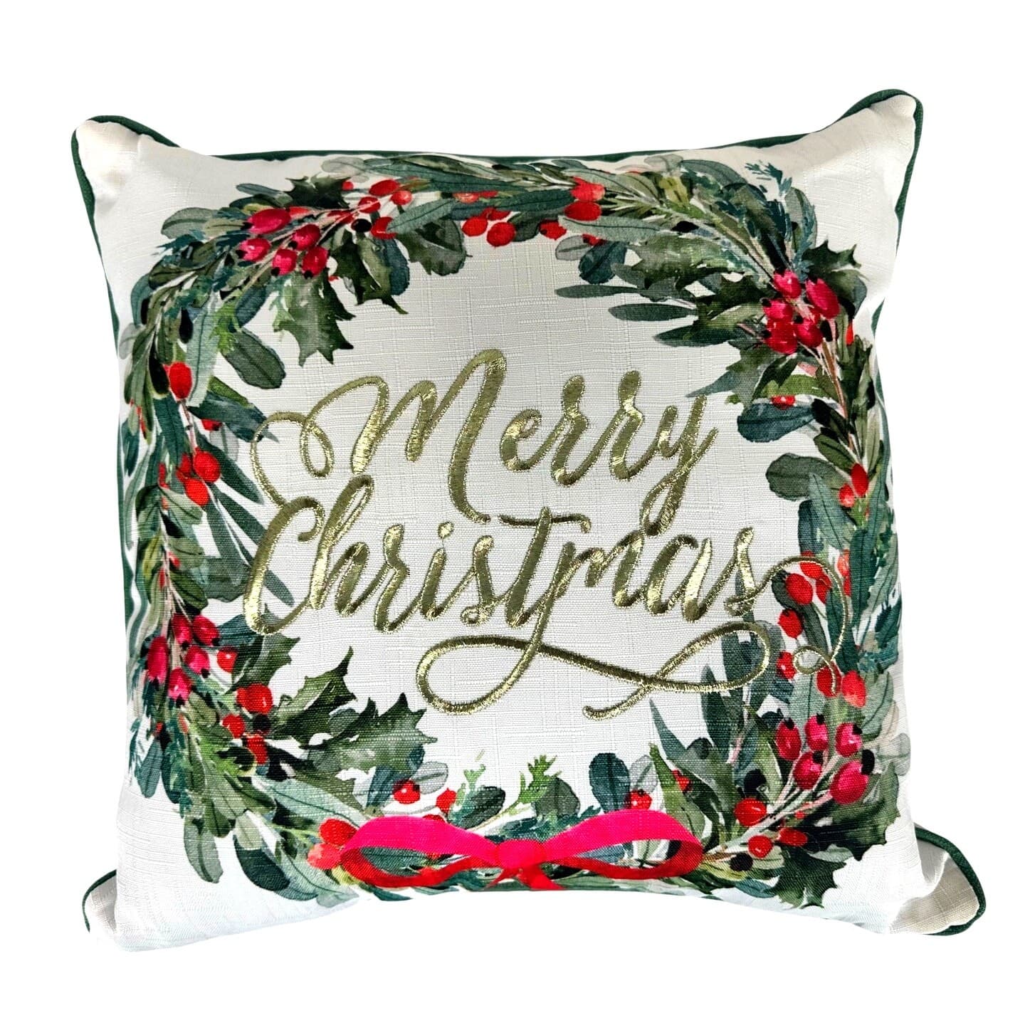 Christmas Wreath Embroidered Gold Merry Christmas 17" Square Throw Pillow