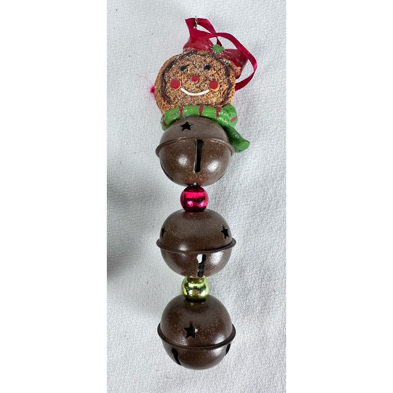 Lot of 2 jingle bell ornaments 1 w/ two bells & Holly 1 w/ gingerbread & 3 bells - Thumbnail 3